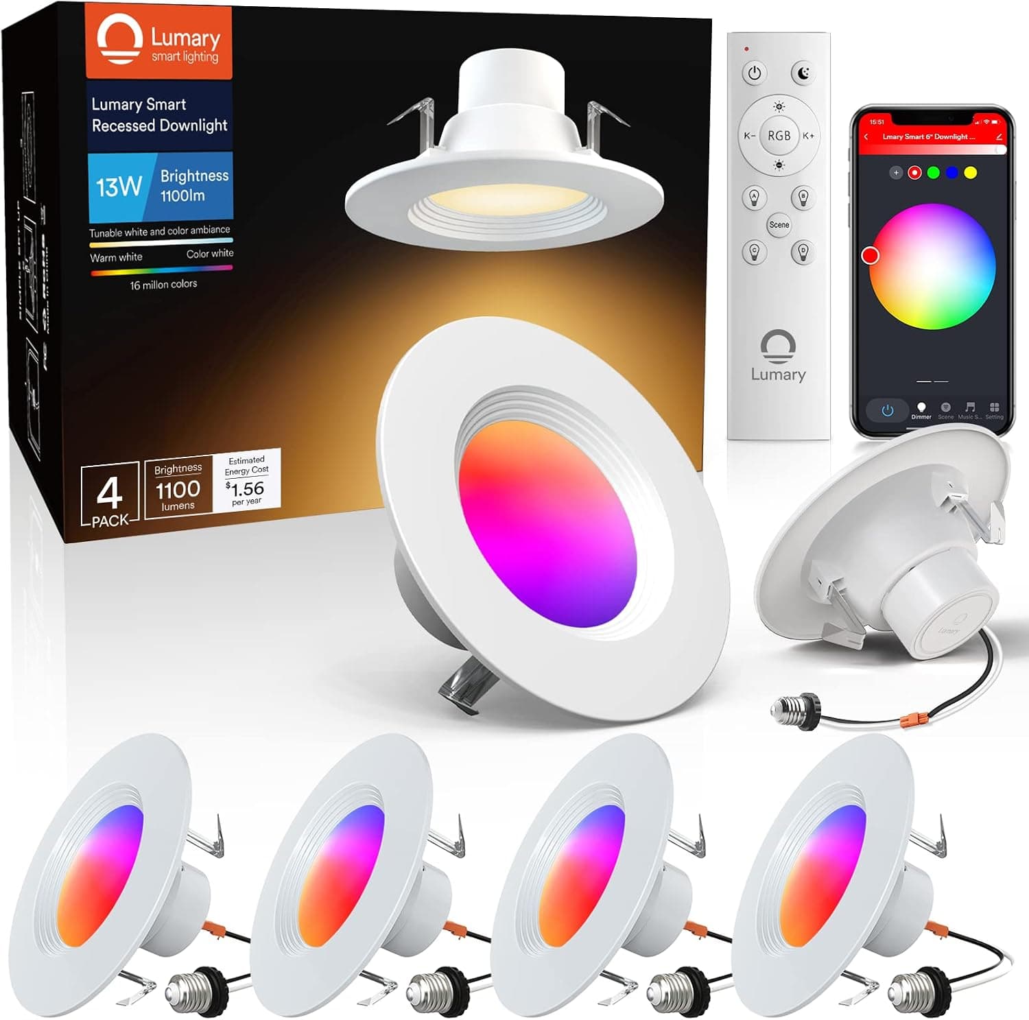 Lumary Smart LED Can Lights 5/6 Inch, Smart WiFi Recessed Lights 13W 1100LM RGB Color Changing Recessed Lighting Retrofit, Baffle Trim Downlights Work with Alexa/Google Assistant/BT Remote 4 Pack