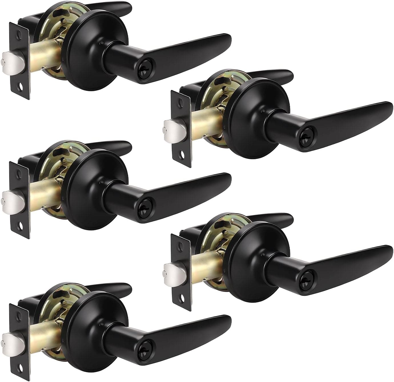 KNOBWELL 5 Pack Matte Black Keyed Alike Entry Door Levers Entry Door Handle Set Door Handle with Lock and Key for Exterior Door, Same Keys, Reversible for Left/Right Handed Door
