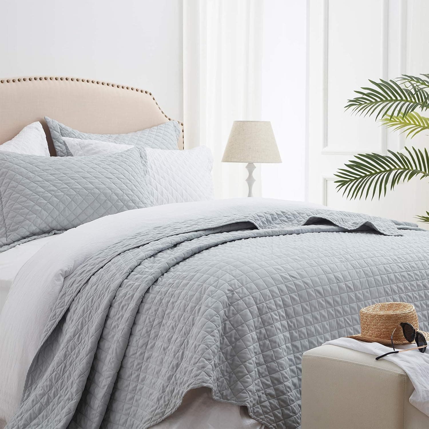 SunStyle Home Quilt Set Twin Light Grey Lightweight Bedspread Soft Reversible Coverlet for All Season 2pcs Diamond Quilted Bedding Sets (1 Quilt 1 Pillow Sham)(68"x86")