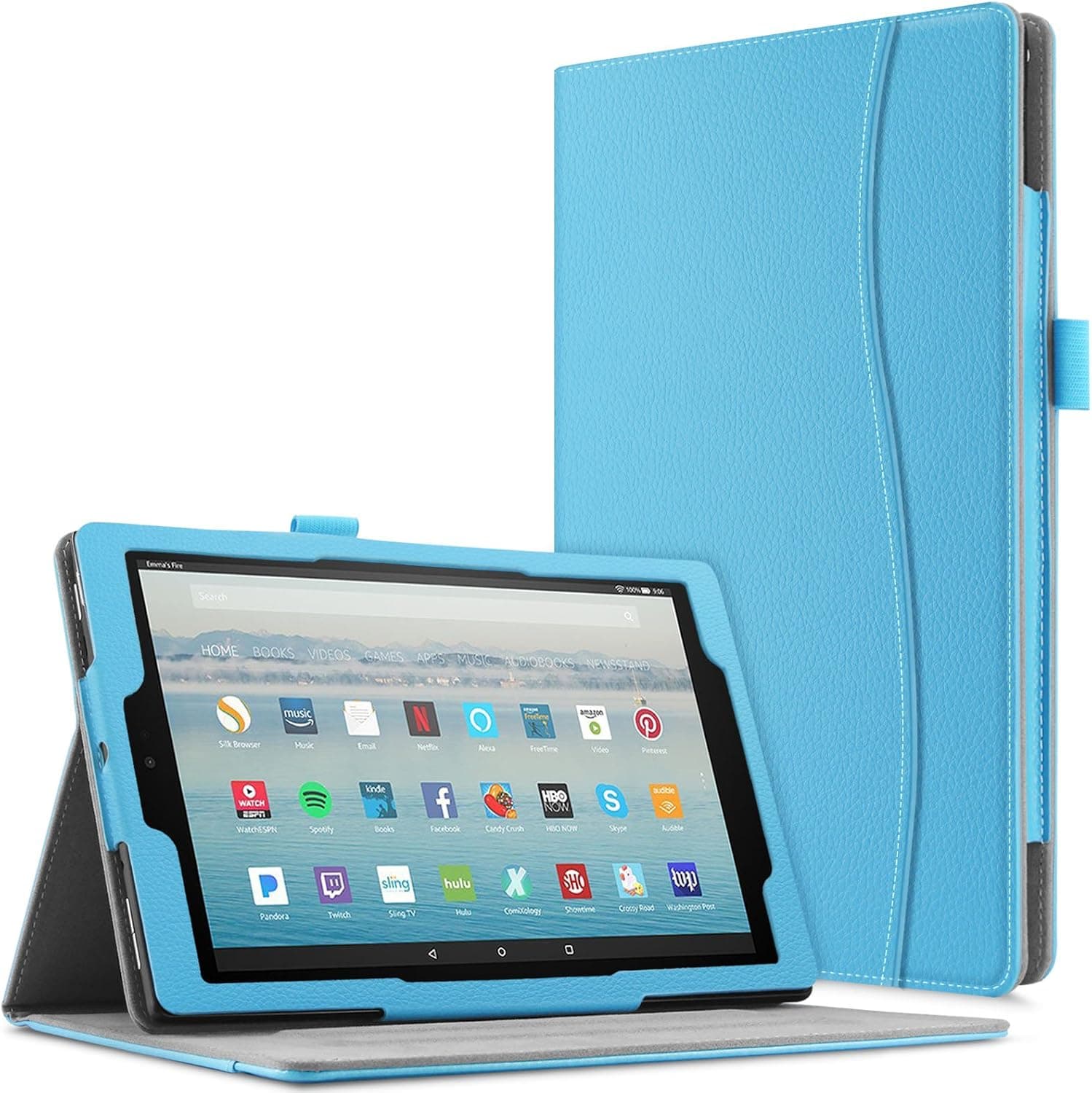 Infiland All-New Amazon Fire HD 10 Tablet Case (7th Generation, 2017 Release)- Smart Folio Stand Cover with Document Card Pocket [Auto Wake/Sleep],Sky Blue