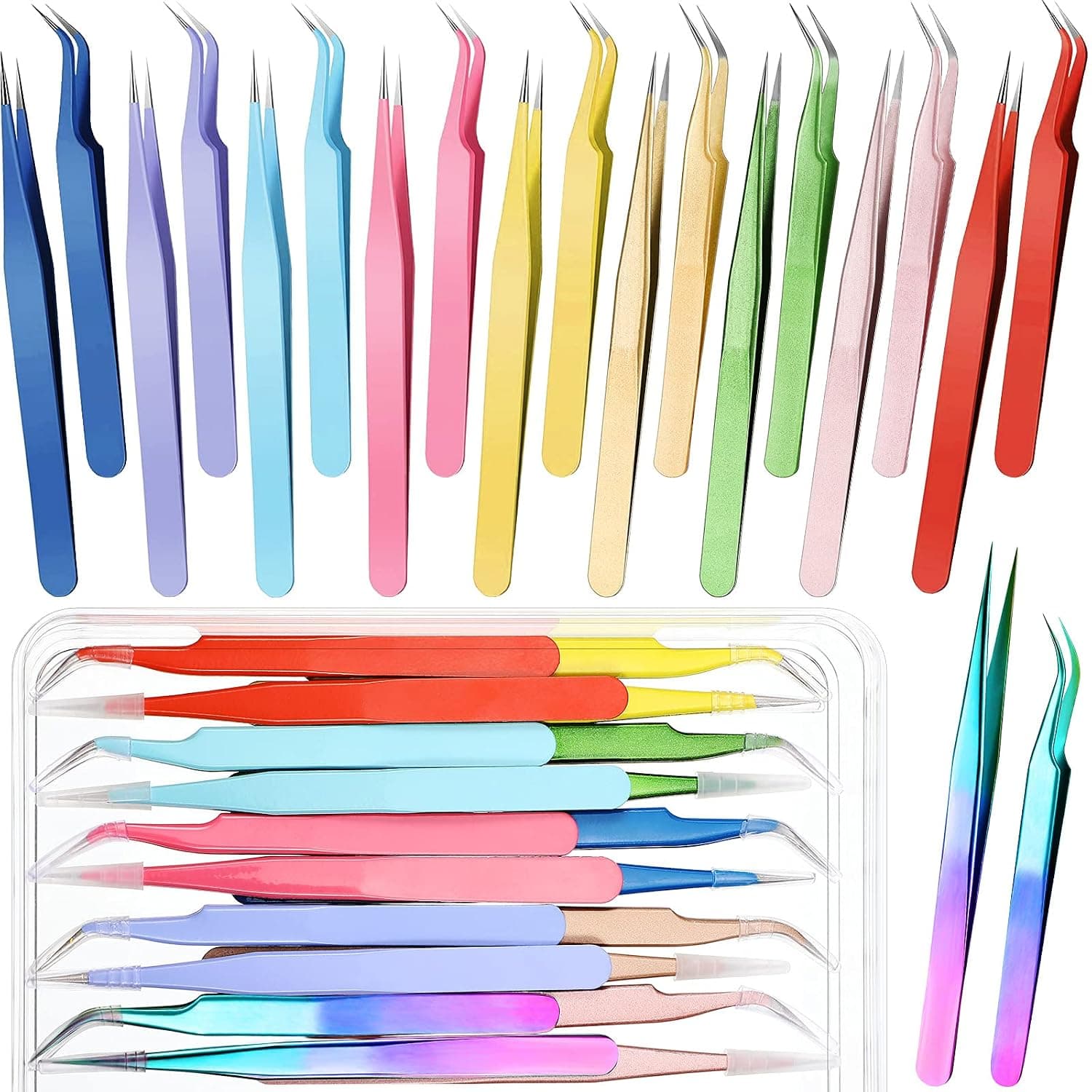 20 Pieces Eyelash Extensions Tweezers Stainless Steel Precision Lashing Tweezers Straight and Curved Tip False Lash Tweezers Nippers Curved Volume Stainless Steel Tweezers for Eyelash Extensions