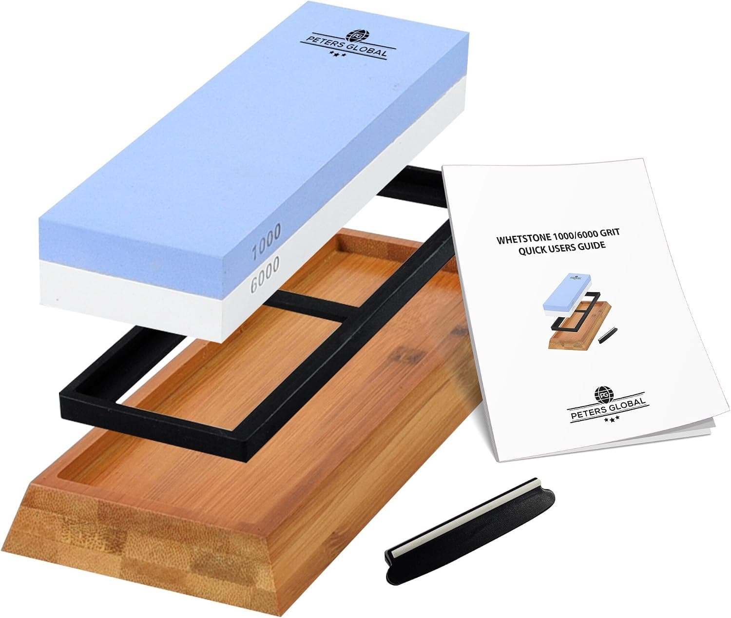 Peters Global Non-Slip Bamboo Base Whetstone Double Sided Knife Sharpener with #1000,  #6000 Grit Water Sharpening Stone, Instruction Manual and Angle Guide