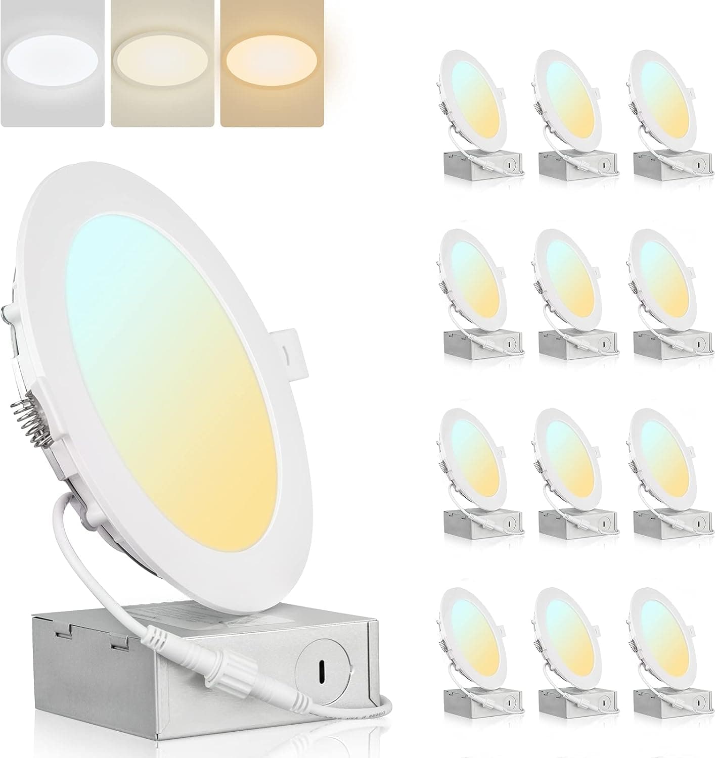 Colorsmoon 12 Pack 6 Inch 3CCT Ultra-Thin LED Recessed Ceiling Light with Junction Box, 3000K-5000K Selectable, 1020LM High Brightness Per Light, 12W Eqv 110W Dimmable Can-Killer Downlight(White)