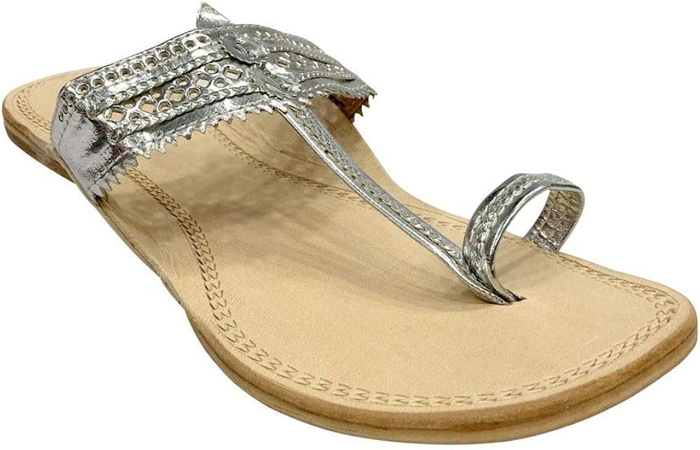 Silver Kolhapuri Sandals for Women Flat Mojari Jutti Beaded Ethnic Shoes Sandals