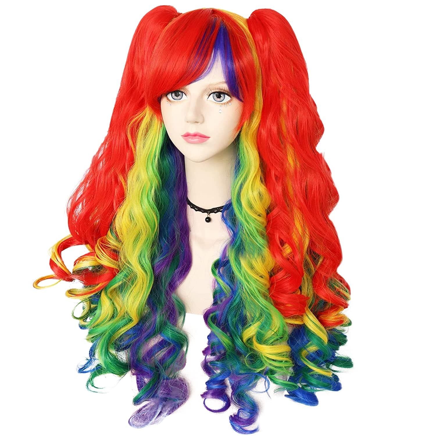 ANOGOL Hair Cap+Rainbow Wig Costumes For Women With 2 Curly Ponytail Wig Long Curly Wig For Rainbow Cosplay Wig For Halloween Costume Party For Women(Red Blue Yellow)