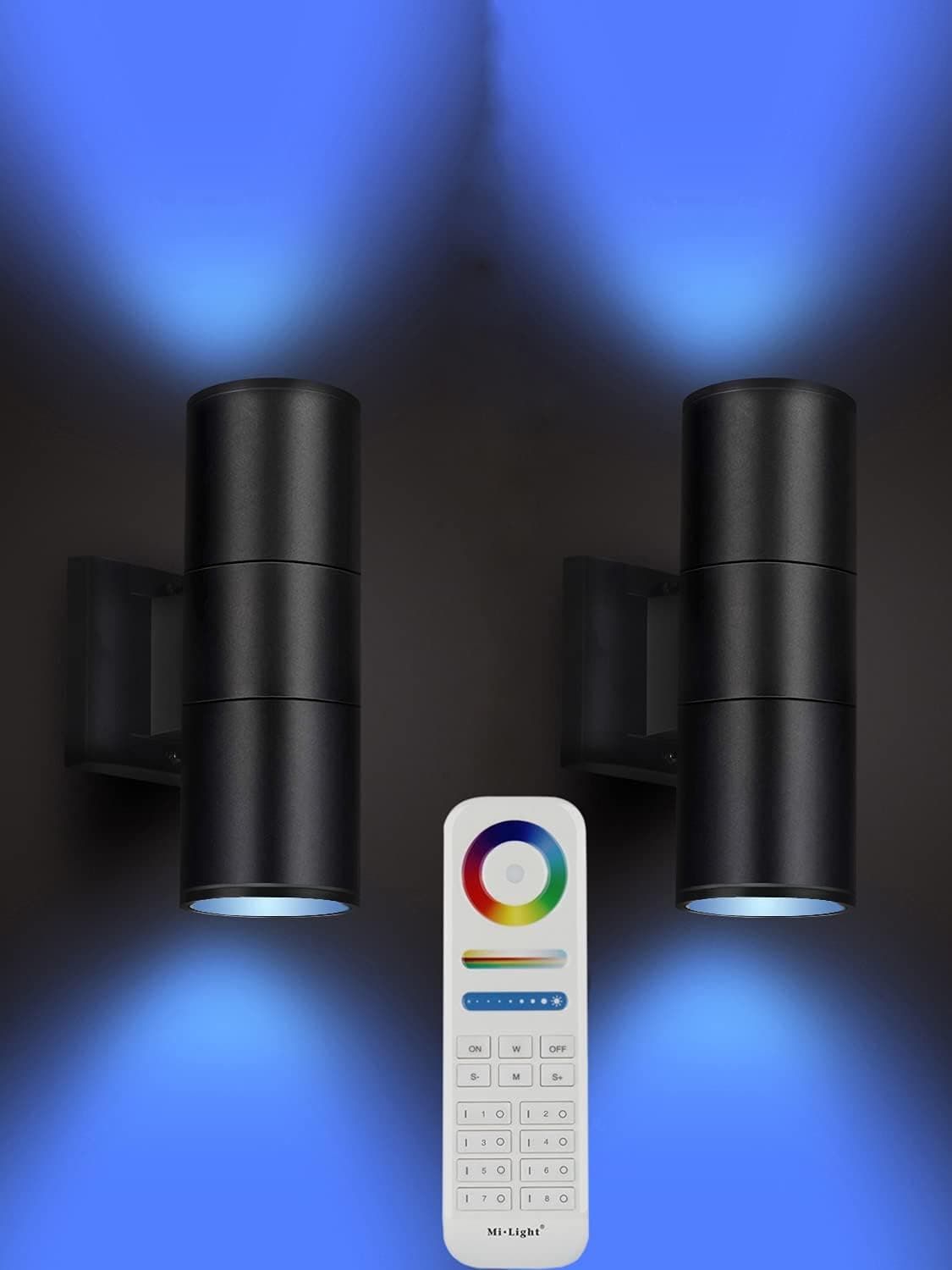 Exterior Double Up Down Outdoor Wall Lights,Mi.Light Remote Control RGB Color Changing 1000lm Warm White 3000k RGBW Cylinder Outdoor Wall Light,Smart LED Exterior Lighting (2 Pack)