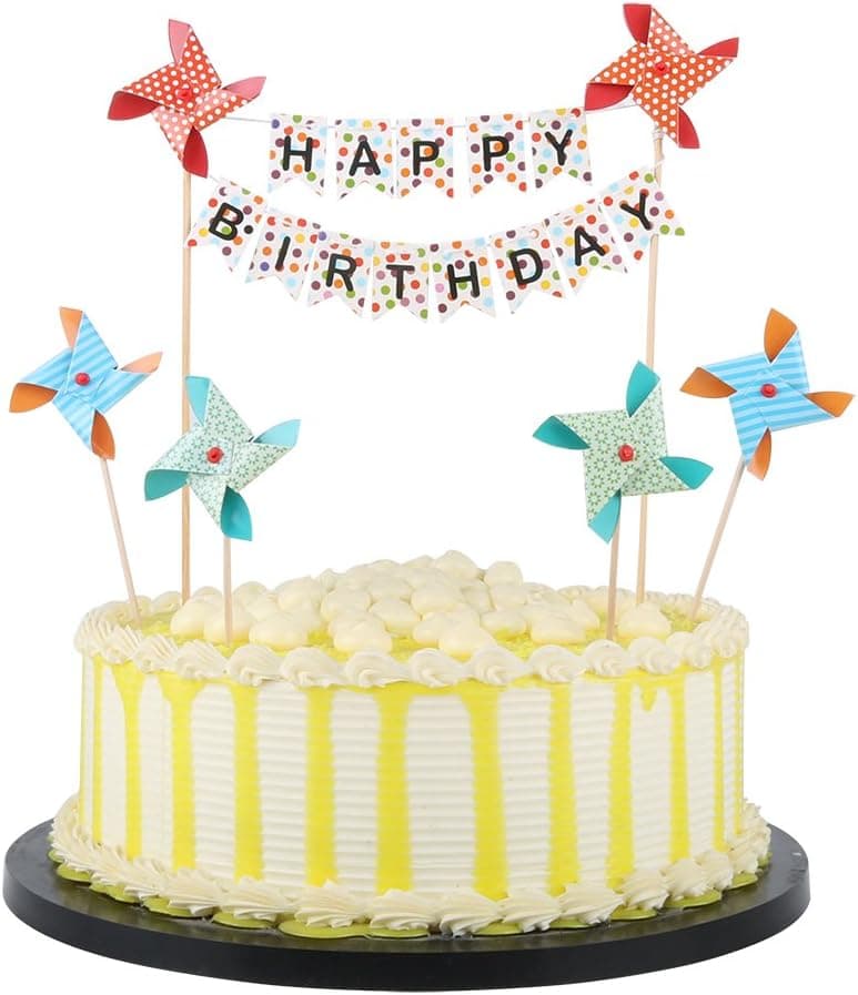 PALASASA Small windmill and Speckle happy birthday banner cake topper,Party Cake Decoration Supplies