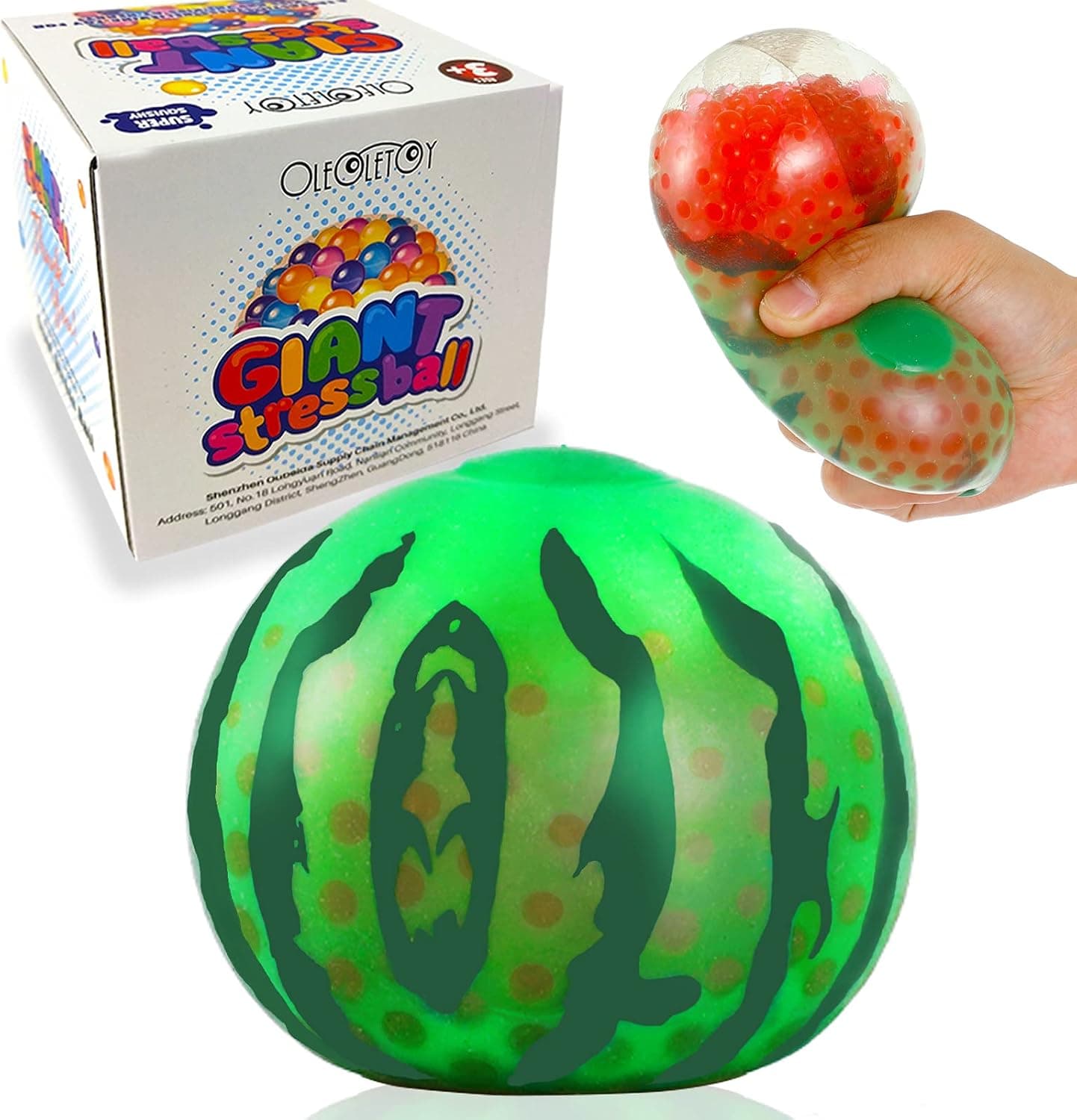OleOletOy Anti Stress Ball for Kids, Adults Big Watermelon Beads Stress Ball Fidget Toy 1 Pack, Squeeze Ball with Gel Water Beads, Autism Sensory Toys for Autistic Children, Squeezy Jumbo Travel Toys