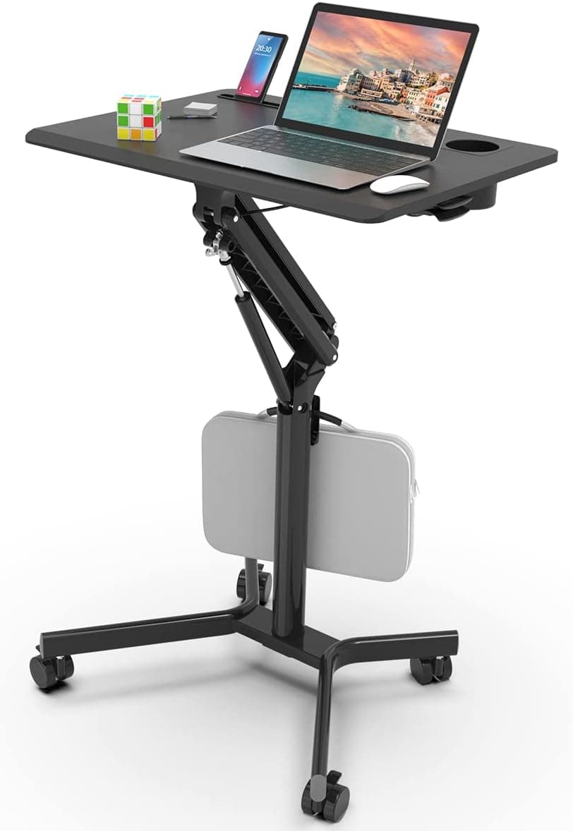 JOY worker Mobile Standing Desk, 28x20 Pneumatic Height Adjustable Rolling Sit Stand Laptop Desk, Small Mobile Laptop Desk Cart with Lockable Wheels for Home Office & School
