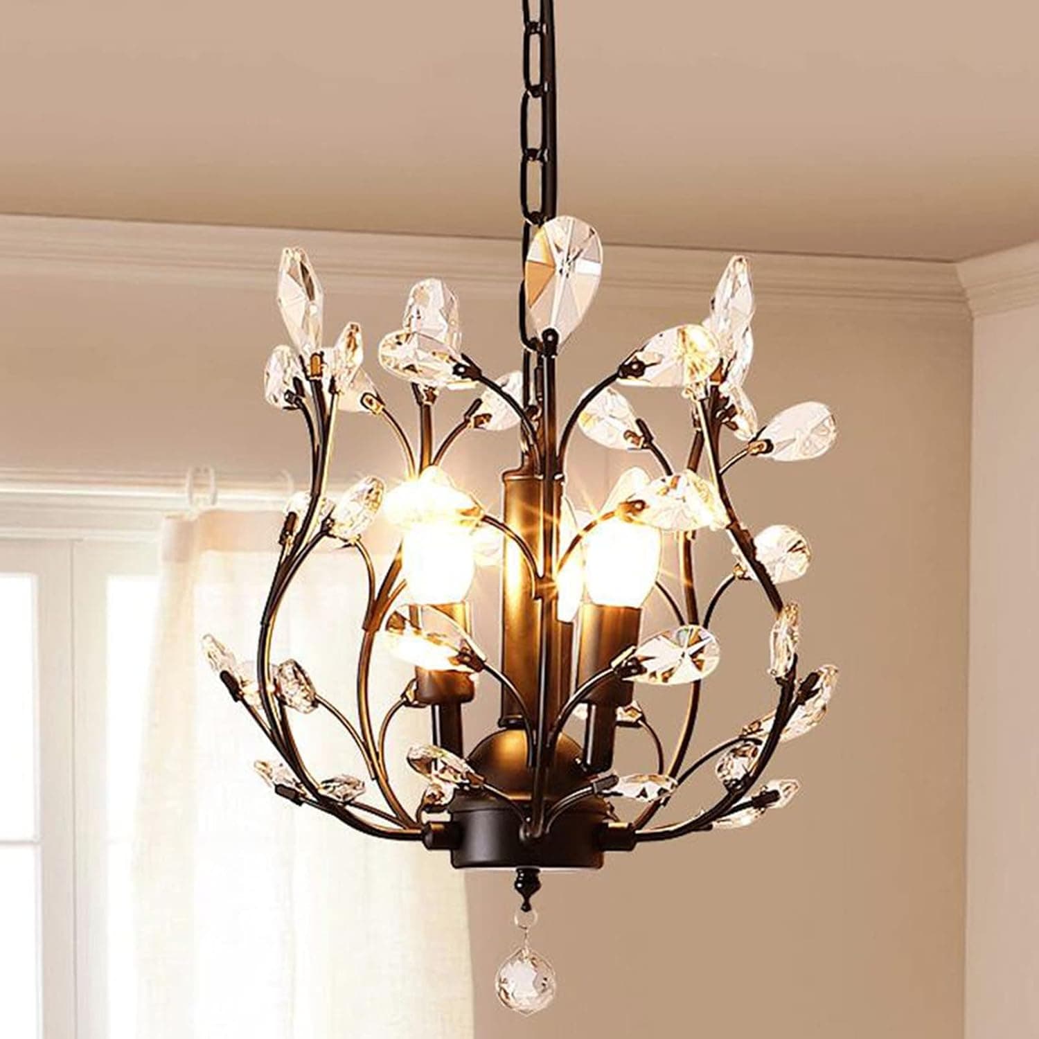 Ganeed Vintage K9 Clear Crystal Chandeliers,Ceiling Lighting,Pendant Lighting Flush Mounted Fixture with 3 Light for Living Room Dinning Room Restaurant Porch Hallway (Black)