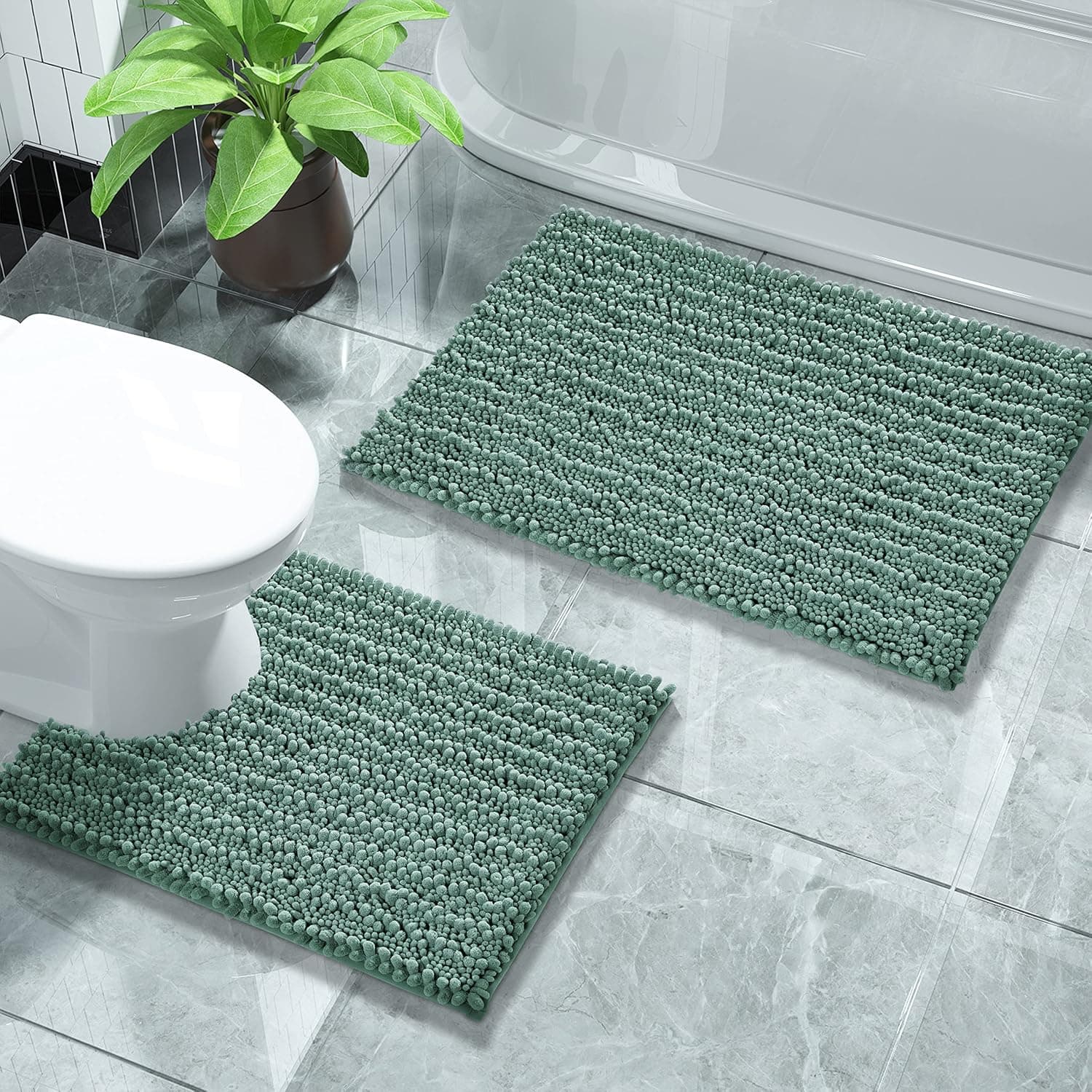 Yimobra Bathroom Rugs Sets 2 Piece, Luxury Fluffy Chenille Toilet Rugs U Shaped for Bathroom, Soft Comfortable Non Slip Bath Rug Mat, Machine Washable, 31.5x19.8+24.4x20.4 Inches, Greyish-Green