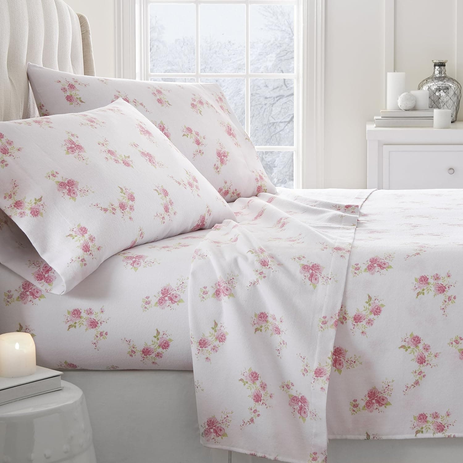 Simply Soft 4 Piece Flannel Sheet Set Rose Patterned, Queen, Rose Pink