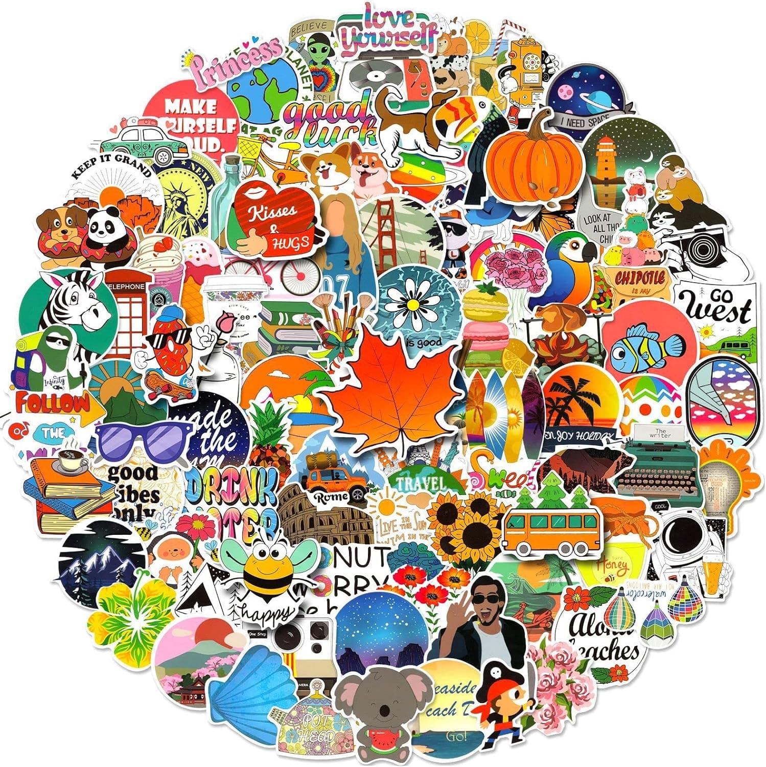 100Pcs Waterproof Stickers for Water Bottles Vintage Sticker Cute Vinyl Art Decor Sticker, for Laptop, Helmet,Folders, Bins, Phone Cases for Teens Girls Kids