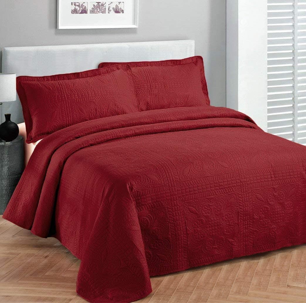 Elegant Home Beautiful Over Sized Solid Color Embossed Floral Striped 2 Piece Coverlet Bedspread (Twin/Twin XL, Red)