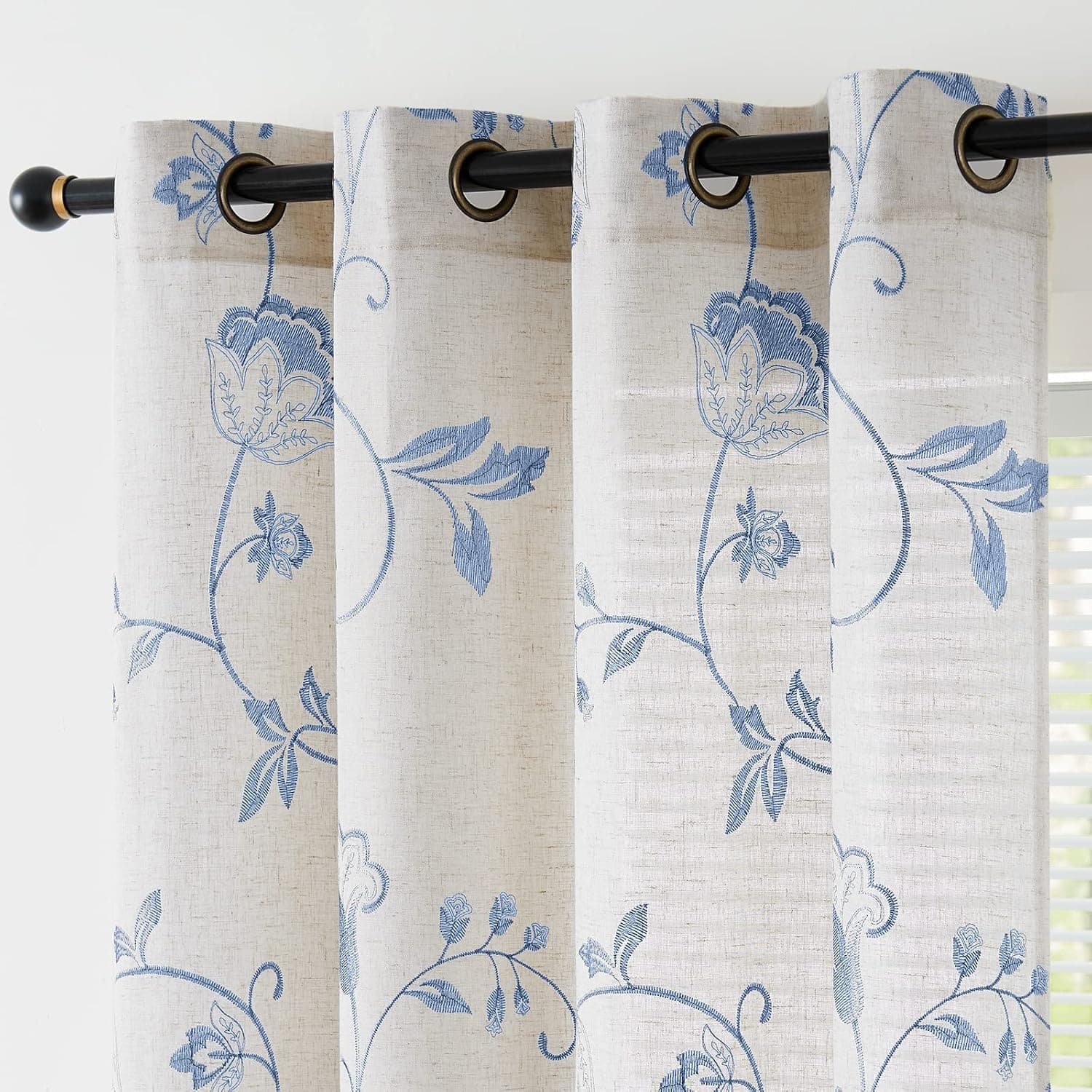 jinchan Linen Curtains for Living Room Light Filtering Floral Embroidered Curtains Flax Look Farmhouse Curtains Scroll Embroidery Curtain Set Grommet Top 2 Panels 72 Inches Long Blue on Beige