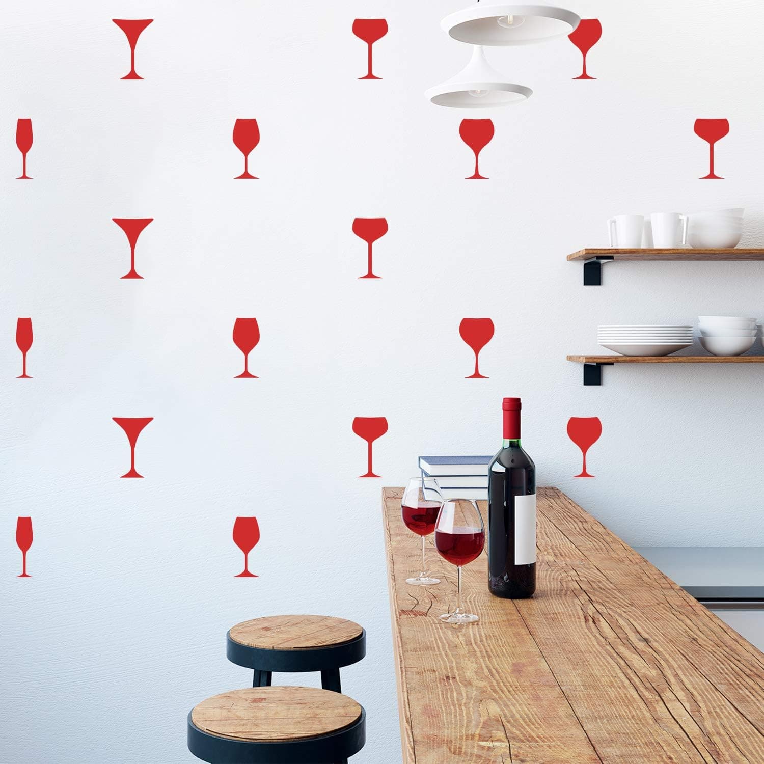 Set of 25 Vinyl Wall Art Decal - Wine Glass Set - from 6" x 2" Each - Trendy Adhesive Sticker Wine Glasses for Home Bar Bedroom Kitchen Living Room Office Dinner Room Store Decor (Red)