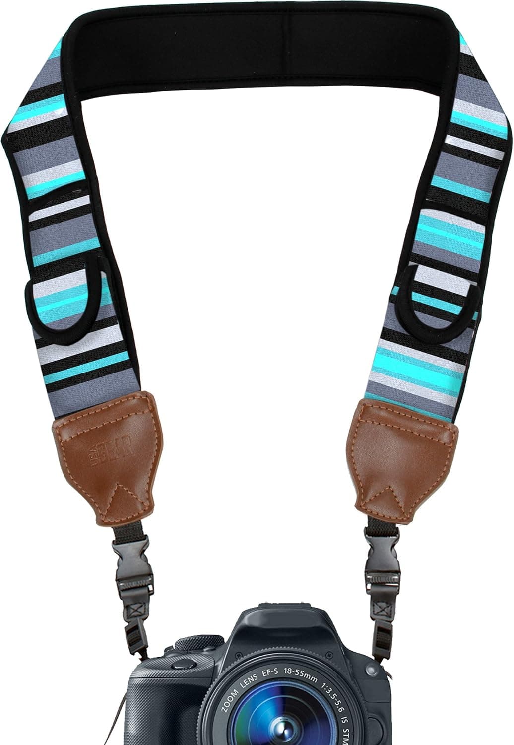 USA GEAR TrueSHOT Camera Strap with Blue Stripe Neoprene Pattern, Accessory Pockets and Quick Release Buckles - Compatible with Canon, Fujifilm, Nikon, Sony and More DSLR, Mirrorless, Cameras