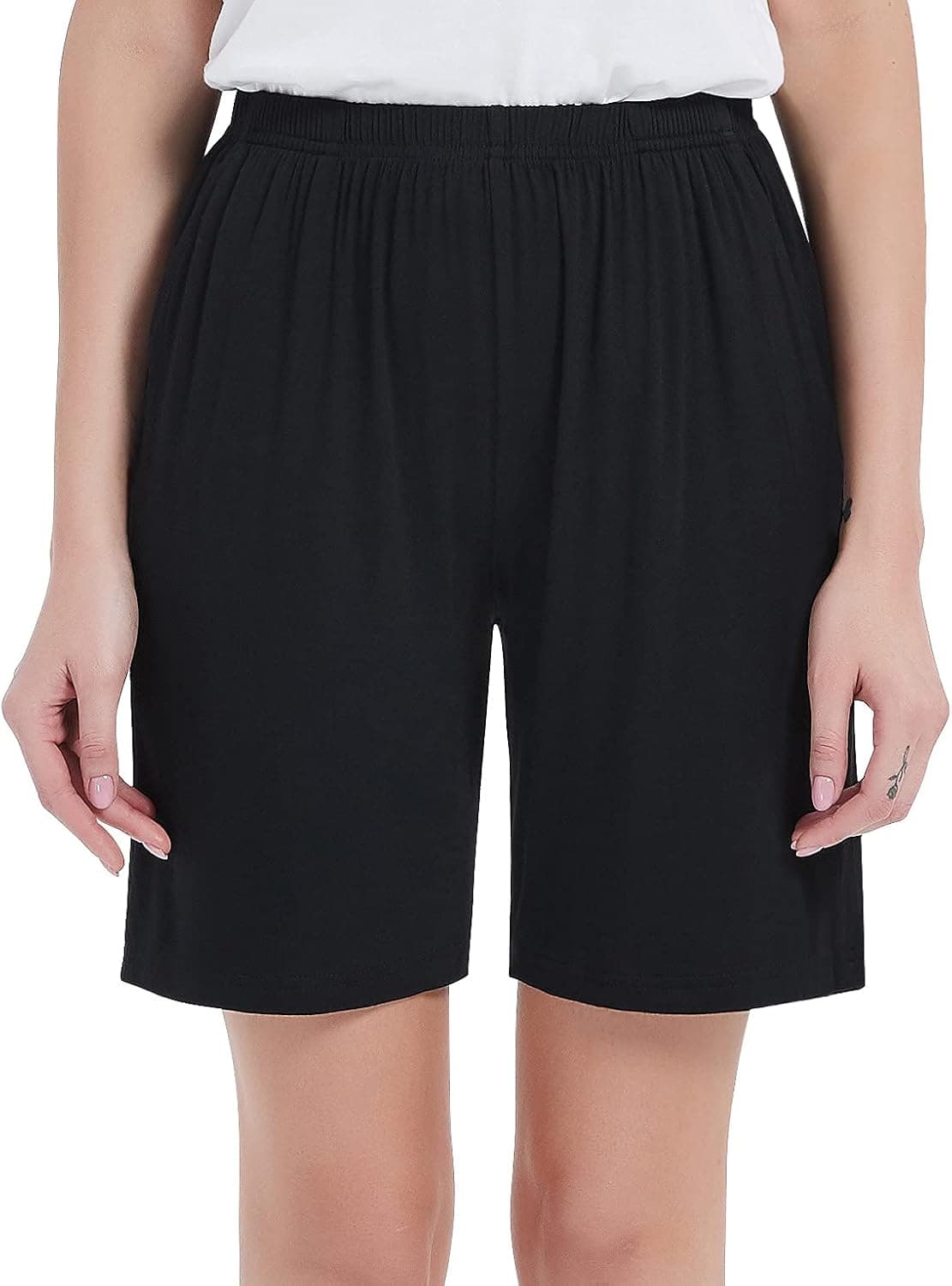 HBY Women Pajamas Shorts Cotton Black Long Sleep Shorts Stretchy Lounge Shorts with Pockets, Black, S