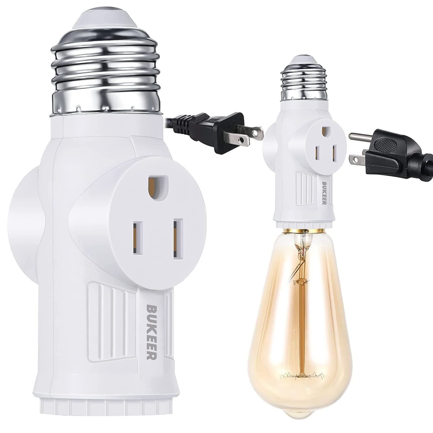 E26/E27/B22 Light Socket to Plug Adapter, 2/3 Prong Light Socket Outlet for Patio, Garage, Porch(1 Pack)