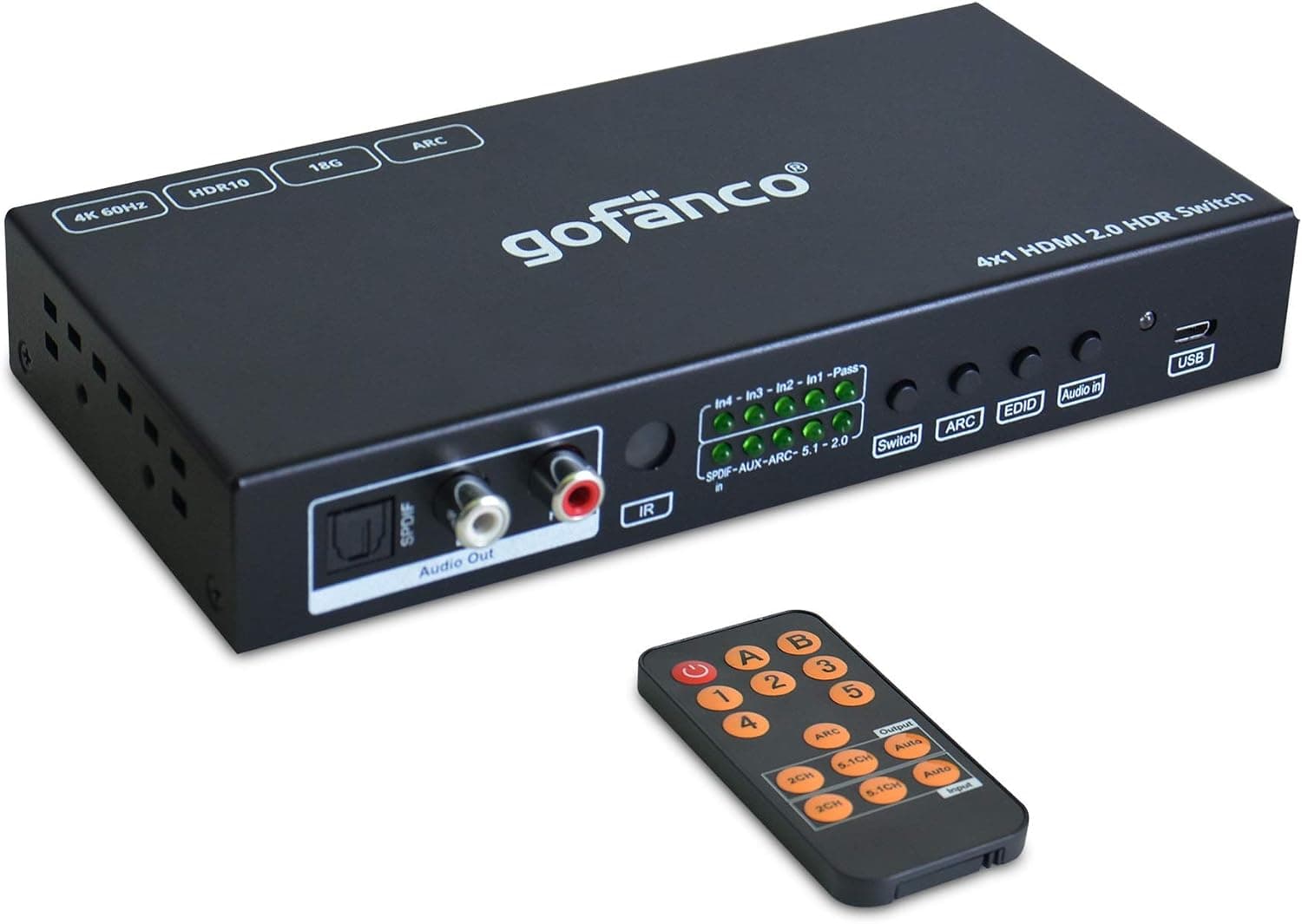 gofanco 4K 4x1 HDMI 2.0 Switch with Audio Extractor & Mixing – 4K @60Hz 4:4:4, HDR10, HDCP 2.2/1.4, 18Gbps, ARC, CEC, 4 Port HDMI Switcher 4 in 1 Out (HDRswitch4P-Aud)