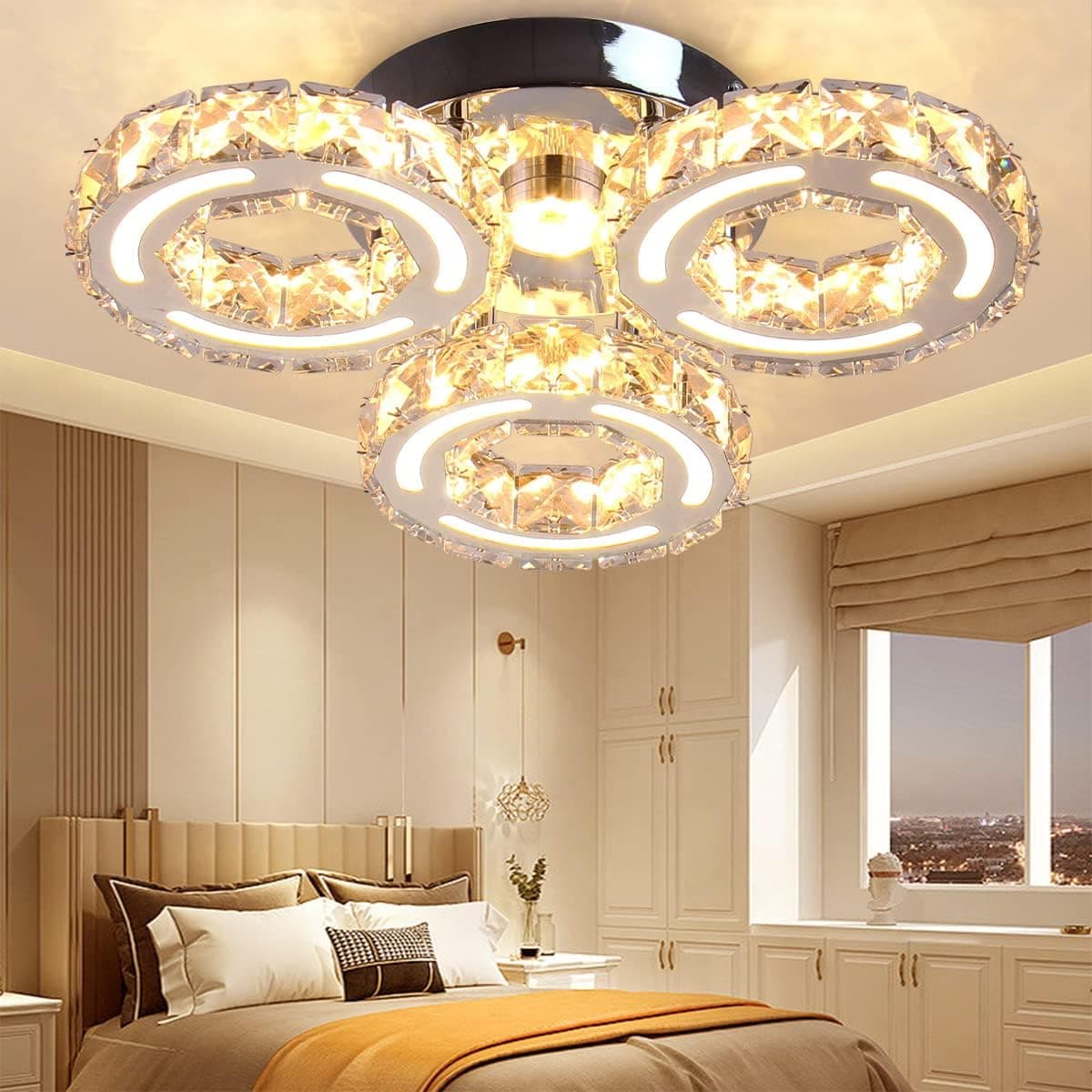 Finktonglan Modern Crystal Ceiling Light LED 3 Ring Chandelier Lighting Contemporary Flush Mount Round Ceiling Light Fixture for Dining RoomHallway Bedroom Living Room Kitchen (Warm White)