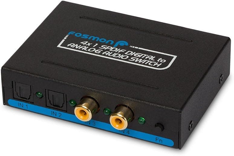 Fosmon 4x1 SPDIF Digital to Analog Audio Switch - Digital Coaxial/Optical Toslink (SPDIF) to Toslink Digital/RCA (L/R) Audio / 3.5mm Stereo Output - Includes AC Adapter