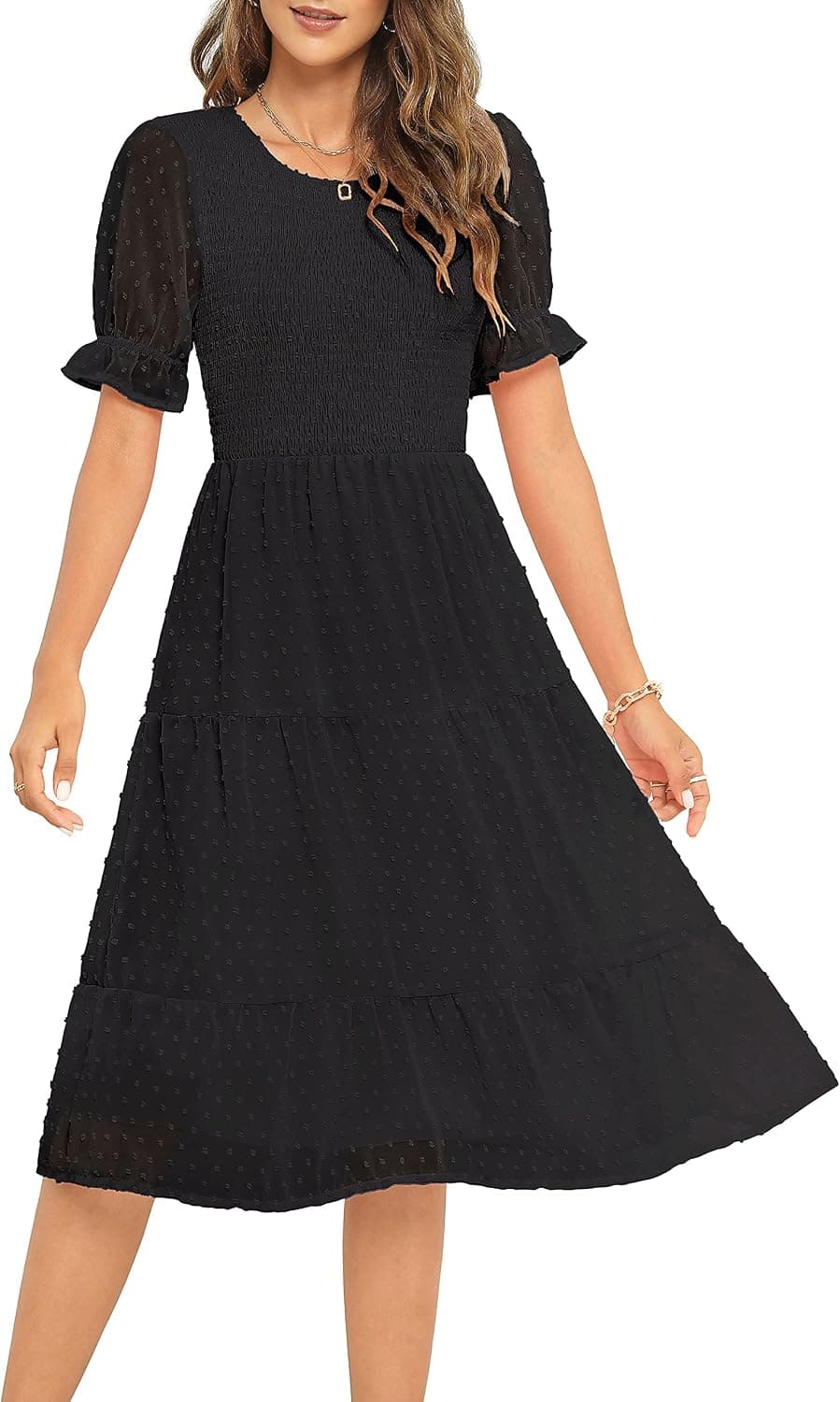 Zattcas Womens Smocked Dress Women Short Sleeve Crewneck Casual Modest Tiered Summer Midi Dress