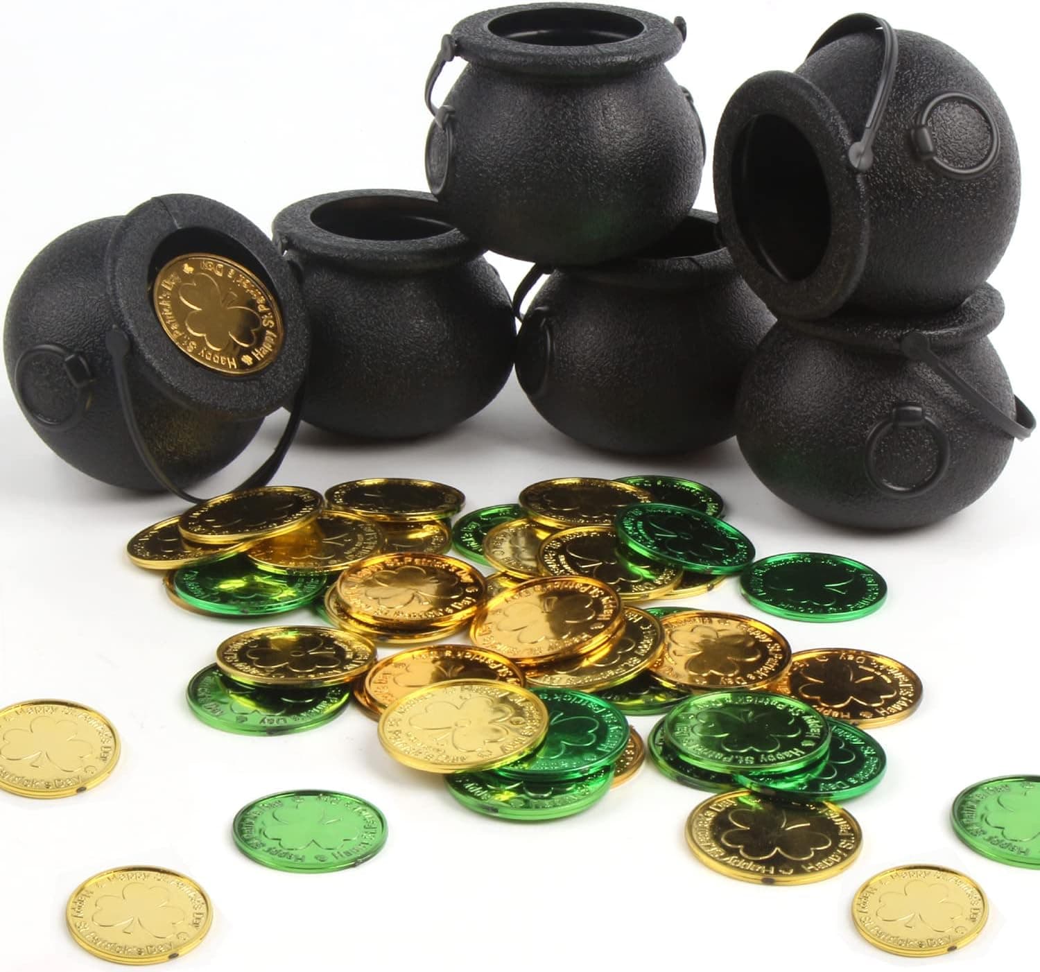 FOIMAS Mini Black Cauldron,6pcs Plastic Candy Kettle with 72pcs Shamrock Coins for St Patrick's Day Party Decoration Supply
