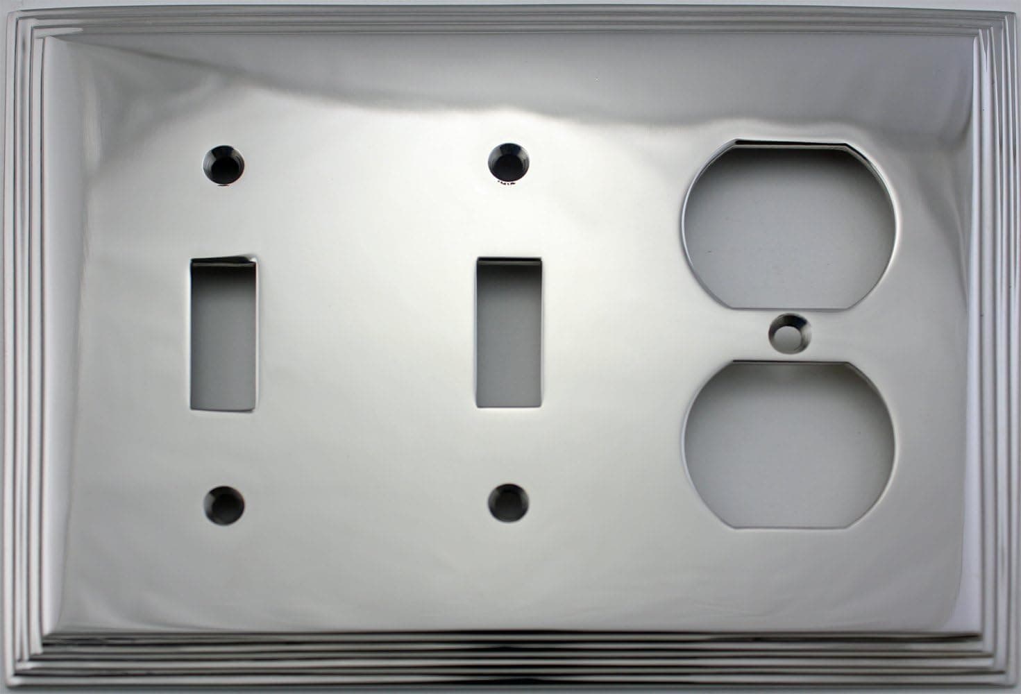 Polished Nickel Deco Step Style 3 Gang Combination Switch Plate - 2 Toggle Light Switch Opening 1 Duplex Outlet Opening