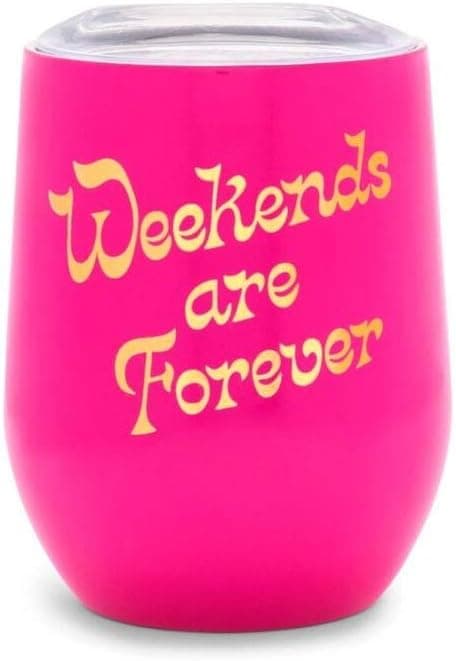 ban.do Pink Stainless Steel Insulated Wine Tumbler with Lid, 12 Oz Stemless Travel Cup with Lid, Double Wall Tumbler, Weekends Are Forever