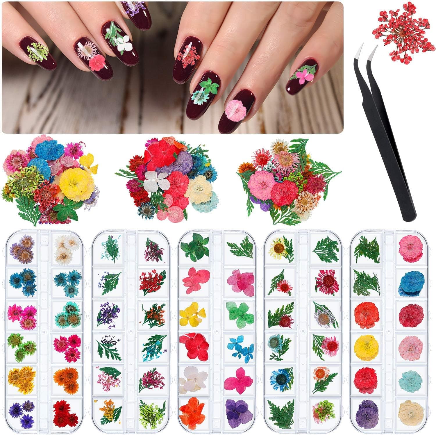 5 Boxes Nail Dried Flowers 3D Dried Natural Flower Nail Decoration Stickers Gypsophila Leaves Manicure Decor Mixed Accessories with Tweezer for Nail Decoration Supplies