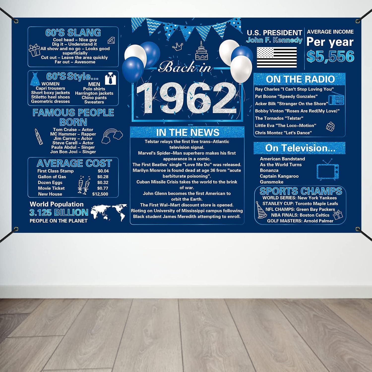 Crenics Blue Silver 61st Birthday Decorations, Vintage Back in 1962 Birthday Backdrop Banner, Large 61 Years Old Birthday Anniversary Poster Photo Background Party Supplies for Men Women, 5.9 x 3.6 Ft