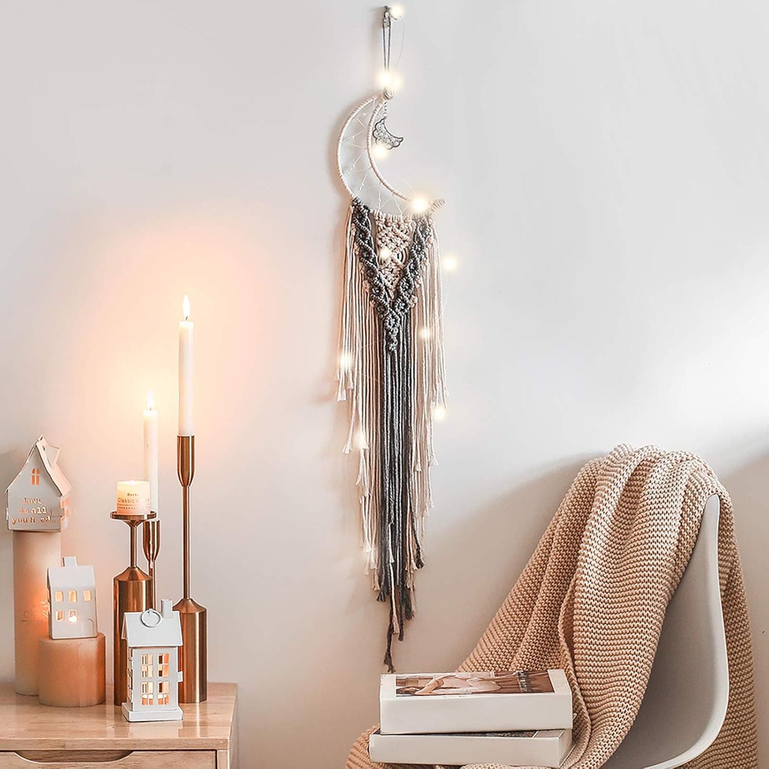Moon Dream Catcher for Bedroom,Wall Hanging Bohemian Dream Catcher with String Lights, Home Decoration Wedding Birthday Gift Dream Catcher Handmade Gift for Friends (Gray)