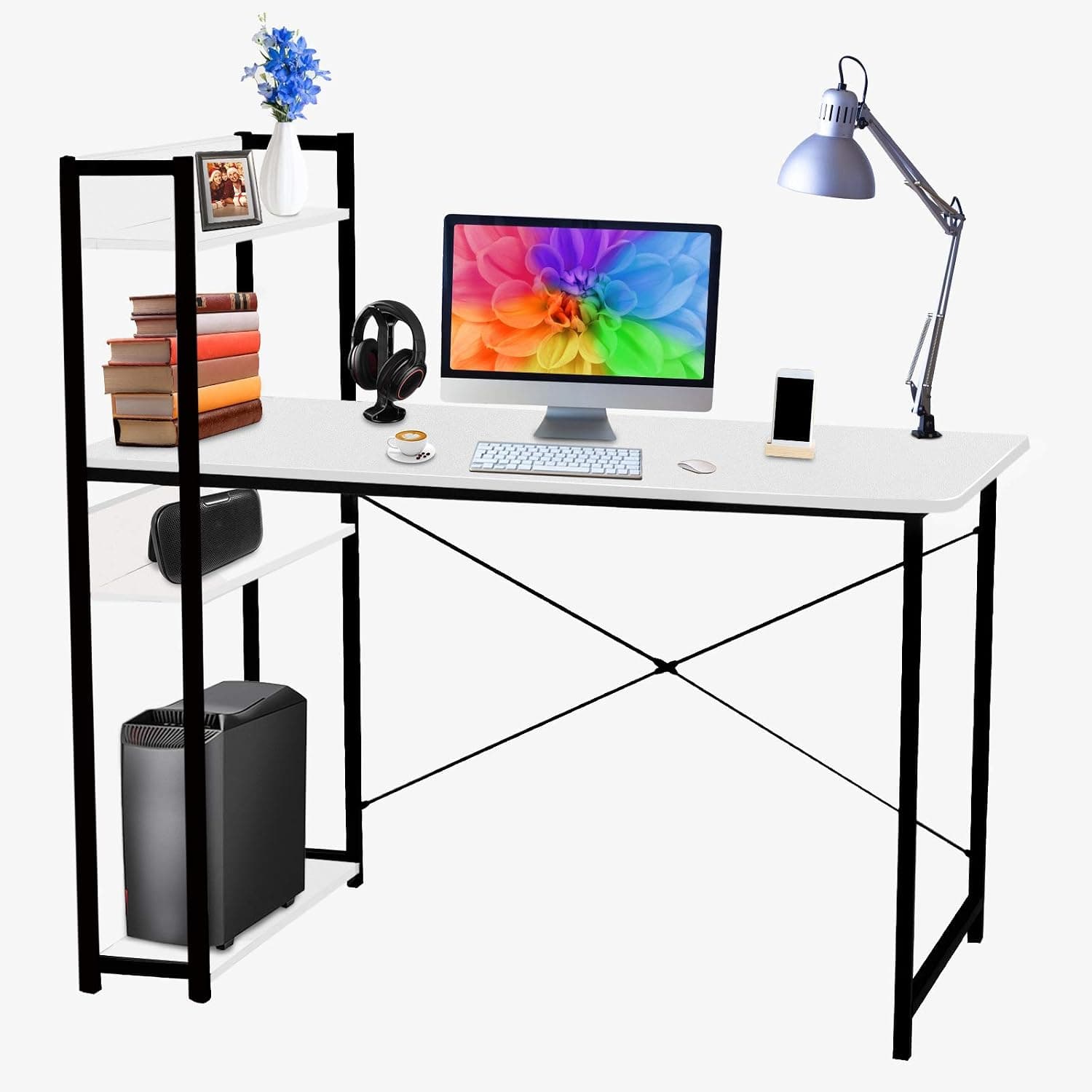 Levoni Computer Home Office Desk 47 inch Writing Study Table with Storage Shelves Study Writing Table with Bookshelves White