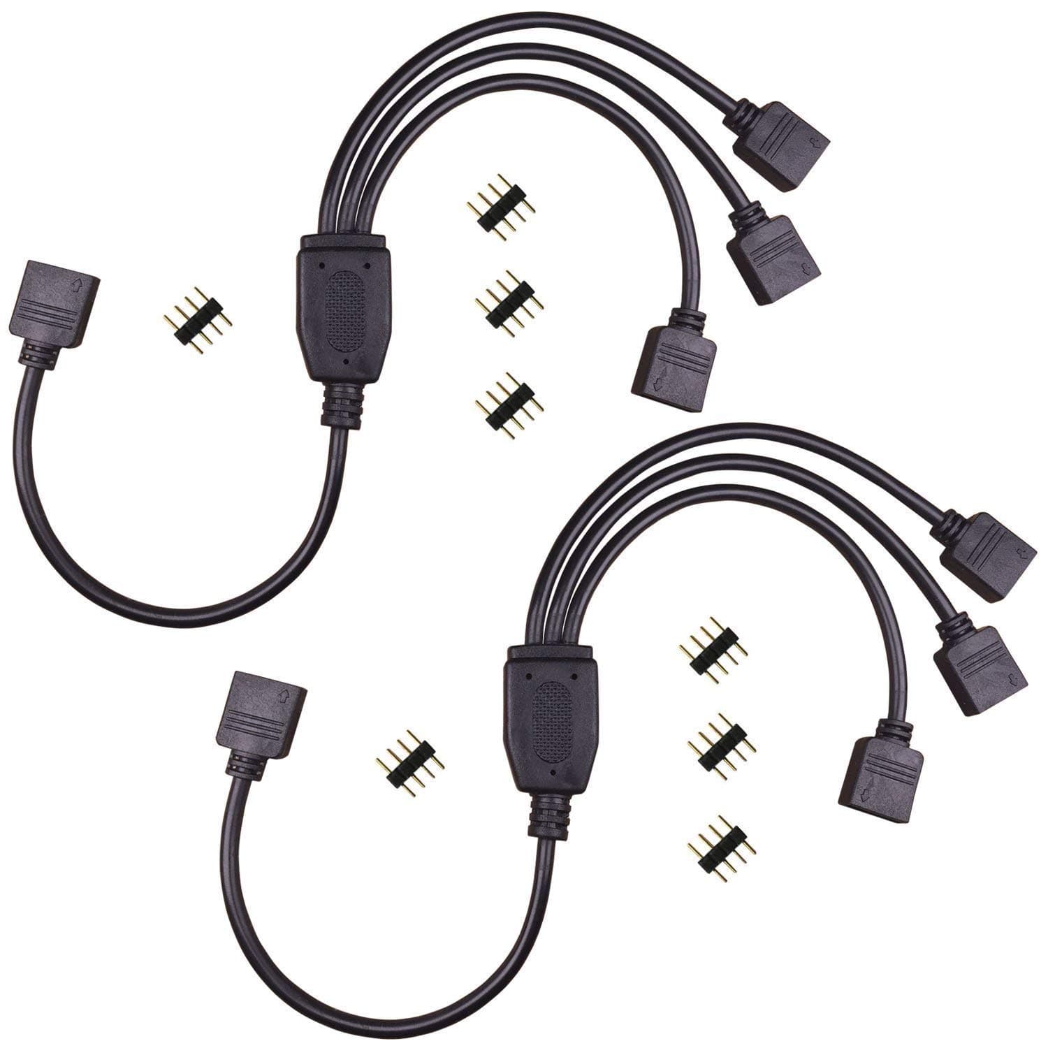 RGBZONE 2 Pack Black 4 Pins LED Splitter Cable Strip Connector 3 Way Splitter Y Splitter for 1 to 3 RGB 5050 3528 LED Light Strips with 8 x Male 4 Pin Plugs