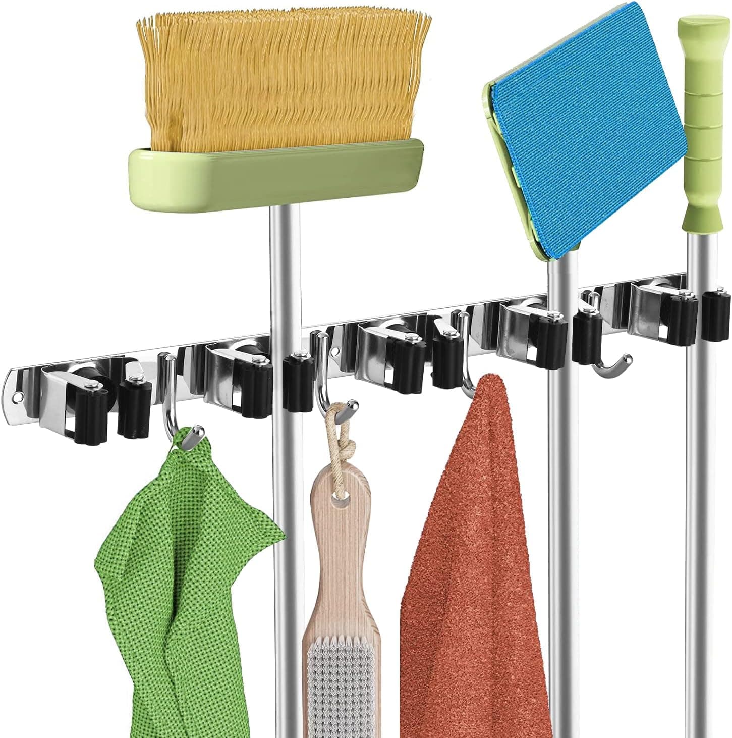 Kozci Mop and Broom Holder Wall Mount, Non-Slip Broom Organizer Wall Mount Self Adhesive Broom Hanger with 5 Racks 4 Hooks Stainless Steel Tools Rack Broom Storage Organizer for Kitchen Garden Garage