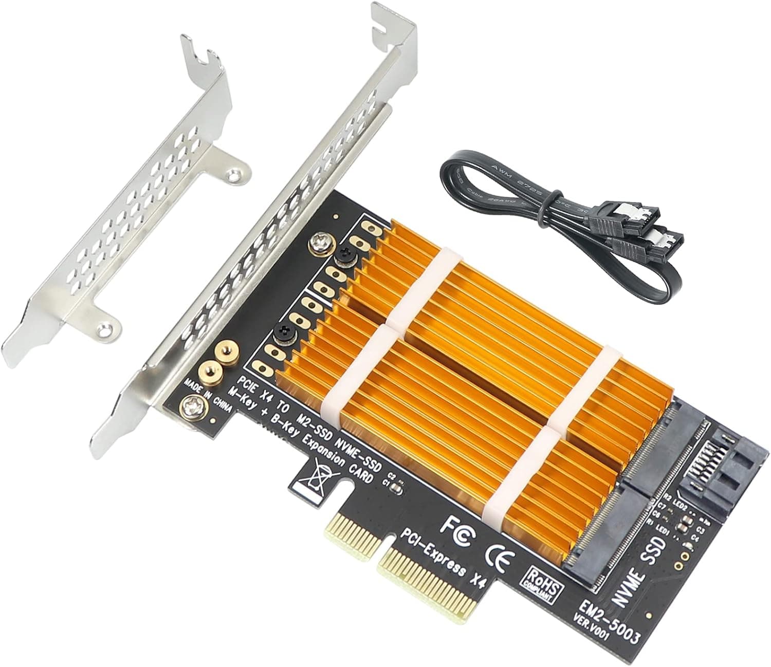 M.2 NVMe PCIe Adapter,Dual M2 SATA B Key and NVMe M Key to PCI-e x4 Adapter Card for 2280 2260 2242 2230 SSD, with M.2 Heatsink