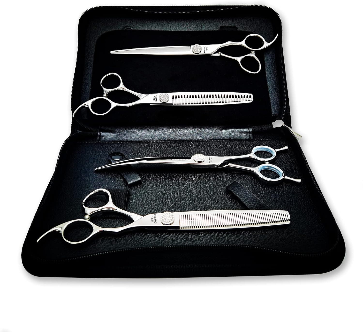 Momotou Polished Dog Grooming Scissors Set with Simulation Diamond 440C Stainless Steel Thinner Curved Straight Chunker Shears with Comb 7''