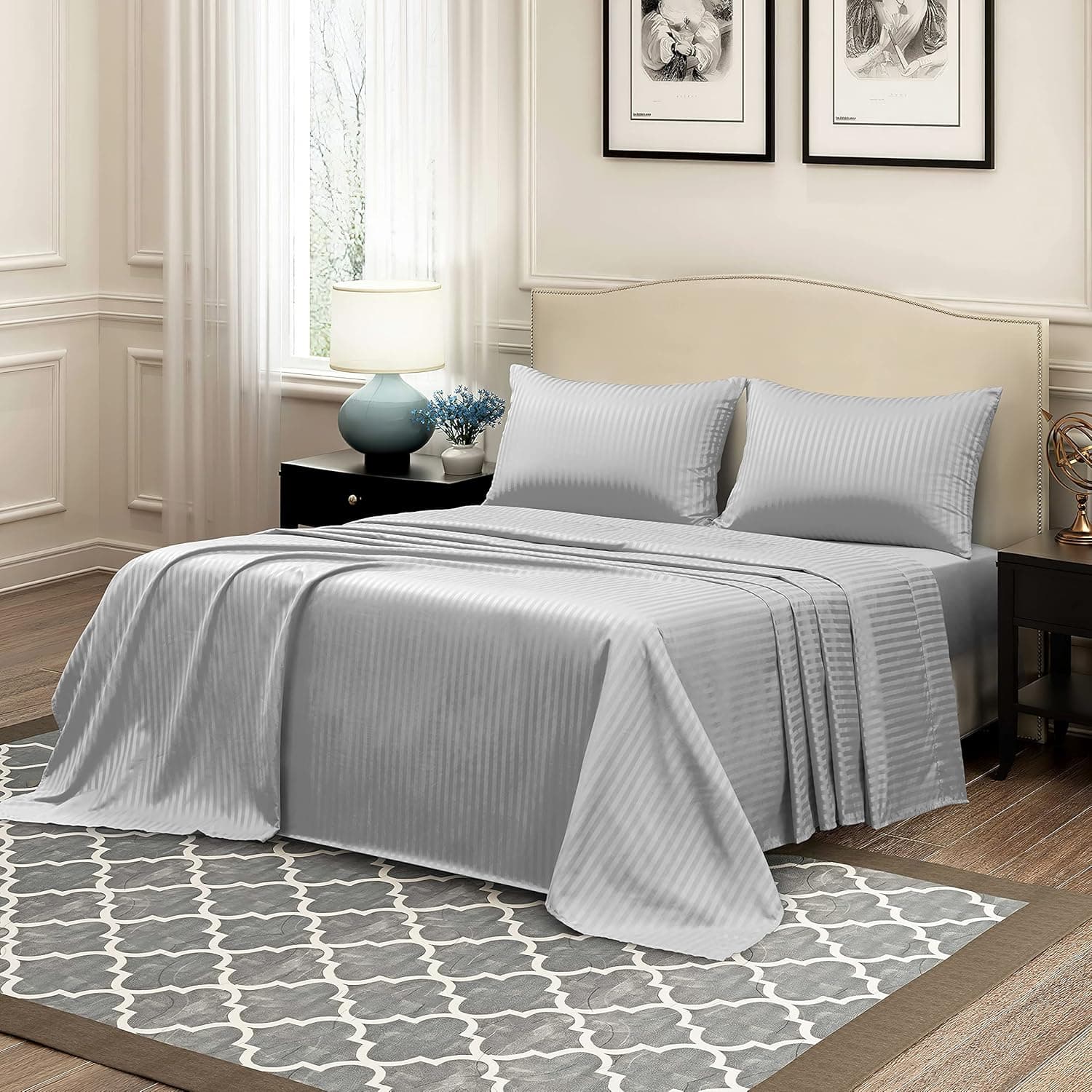 Saintrra Satin Striped Bed Sheets Twin Size，3 Pcs Luxury Damask Stripes Sheet Set for Kids (1 Flat Sheet, 1 Microfiber Deep Pocket Fitted Sheet, 1 Envelope Pillowcase), Silver Gray Stripe