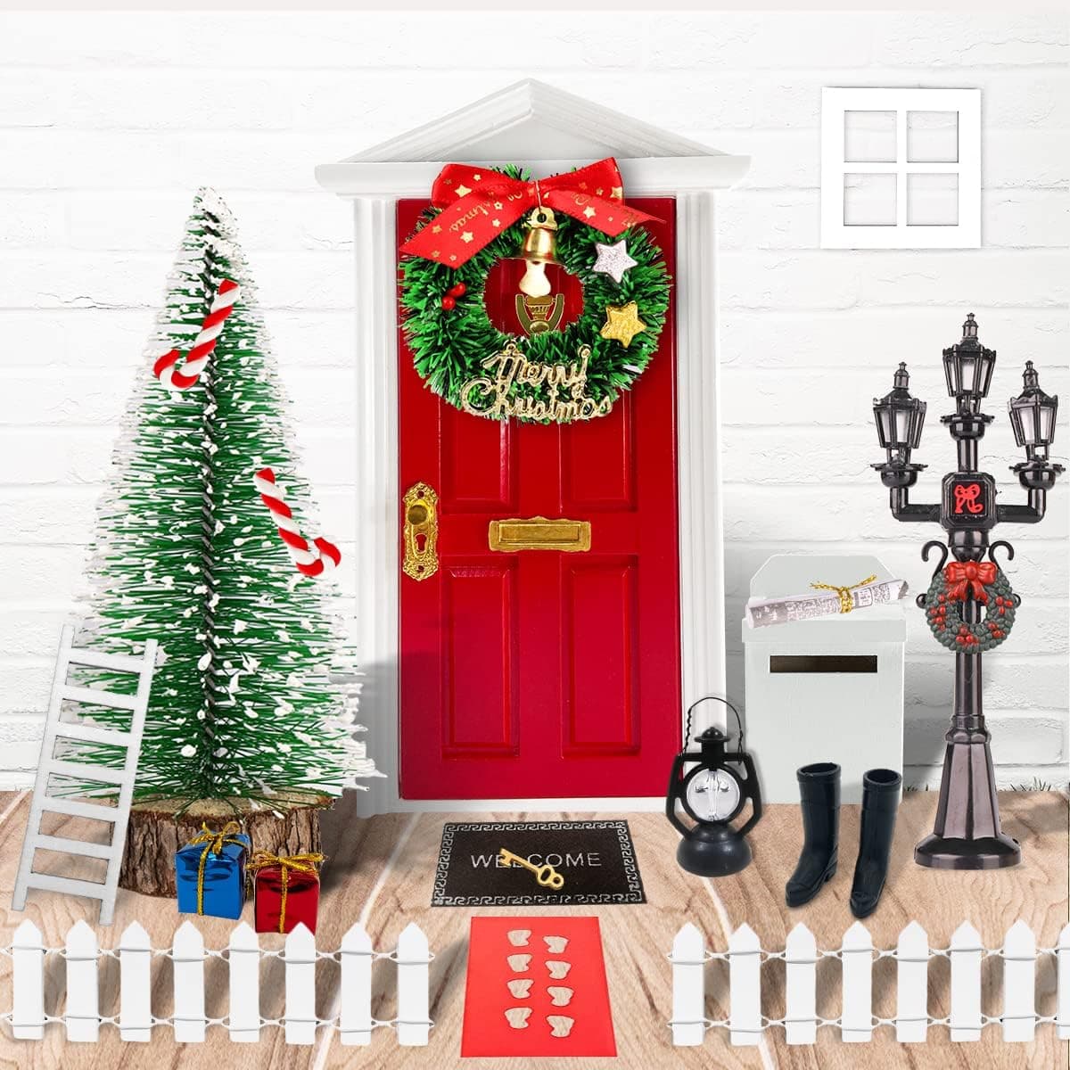 WILDPARTY 19 Pcs Red Miniature Tooth Fairy Door Kit Christmas Mini Wooden Tiny Door with Accessories Fairy Tale Pretend Playset Dollhouse for Girls Kids Gift Garden Decoration DIY
