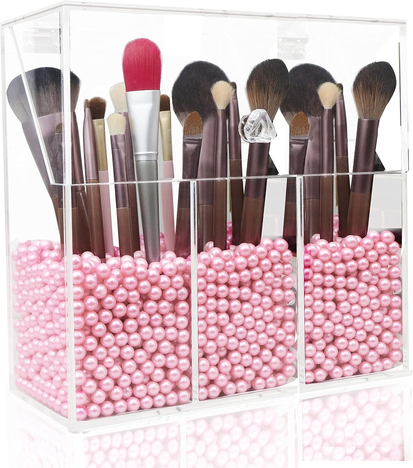 Lumcrissy Acrylic Makeup Brush Organizer 3-Slot Personal Organizer with Closable Protective Lid, Dust-proof Cosmetic Storage Case with 750g Pink Pearl