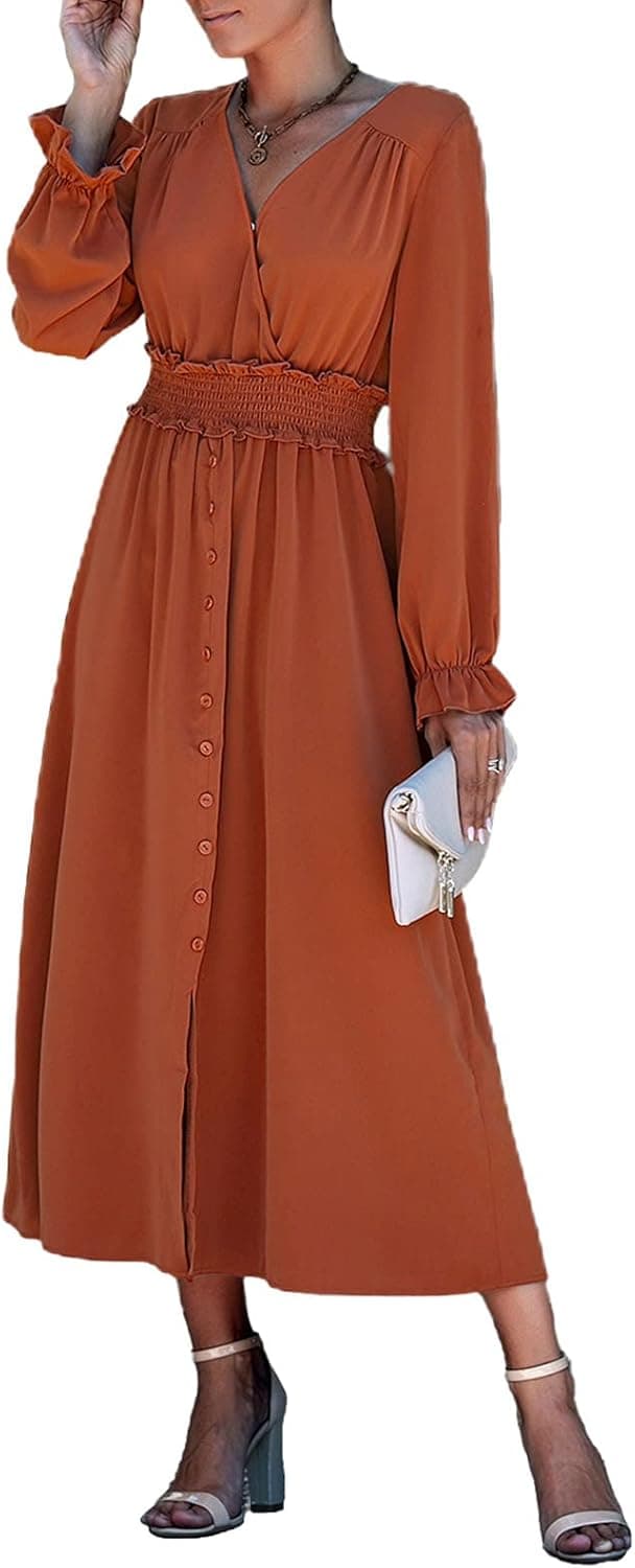 NALANISA Women V Neck Slit Button Up Long Sleeve Maxi Dress Casual Smocked Flowy Swing Chiffon Party Long Dress