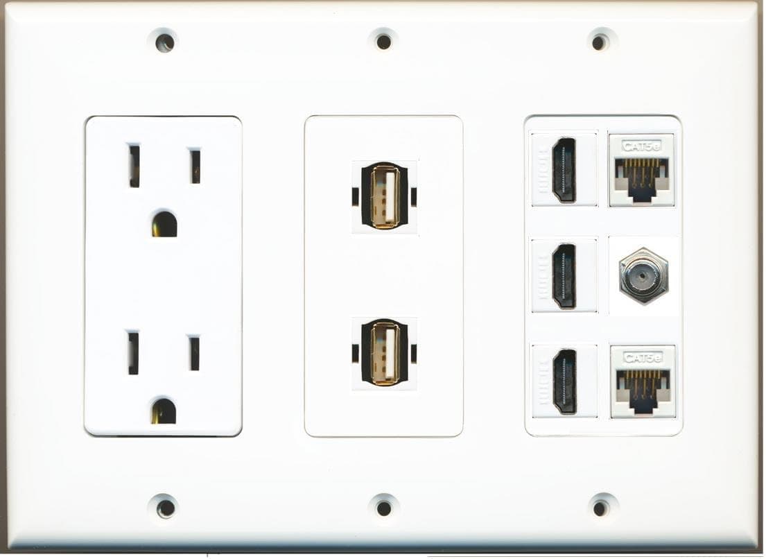 RiteAV 15 Amp Power Outlet 2 USB - 3 HDMI 2 Ethernet 1 Coax Cable TV Wall Plate