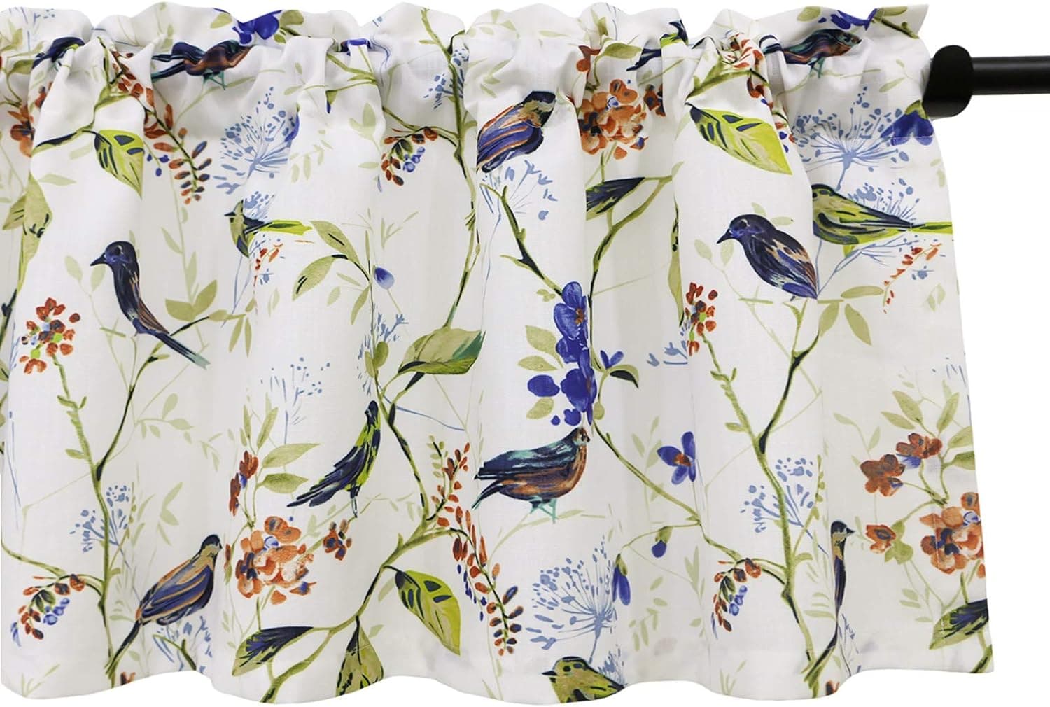 VOGOL Blue Valance Curtains for Living Room, Linen Textured Bird and Flower Print Window Treatment Rod Pocket Window Valances for Bathroom, 52x14, One Piece