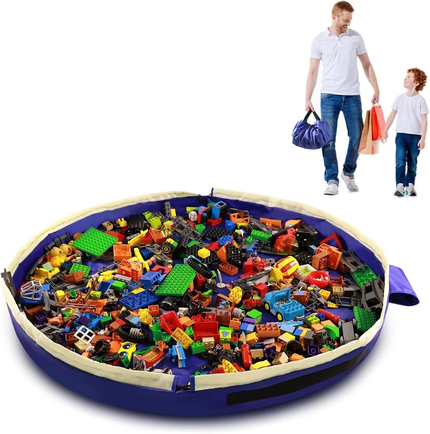 Toy Storage Mat Bag by Drawstring for Lego - Play Mat Bag Toy Storage Container for Kids with Cap can as Gift（Blue 47inch）