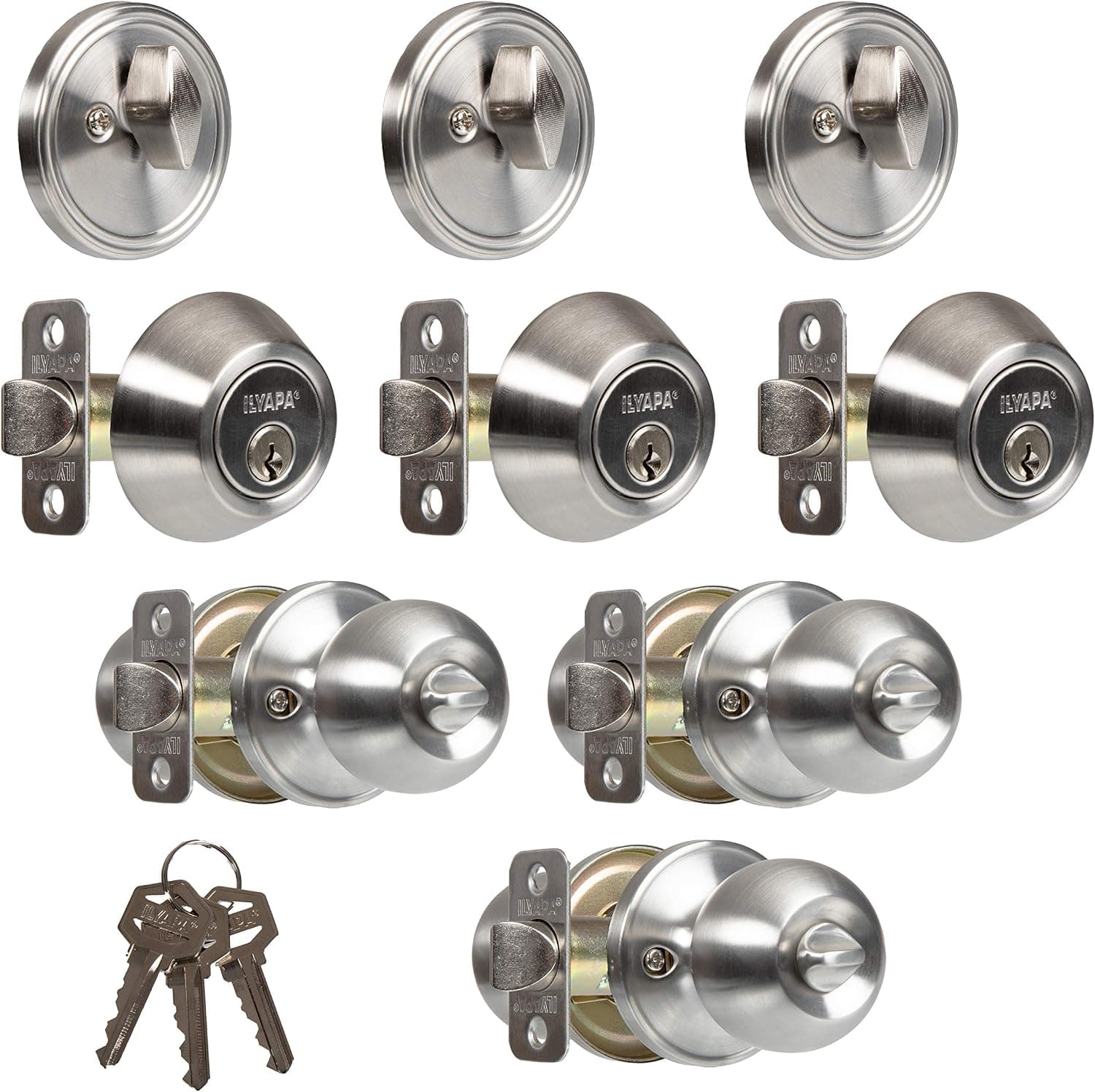 Ilyapa Entry Knob with Single Cylinder Deadbolt - Keyed Alike Locks, Ball Style, Satin Nickel Exterior Door Keyed Alike Turn Thumb Locking Door Knob with Deadbolt, Matte Black, 3 Pack