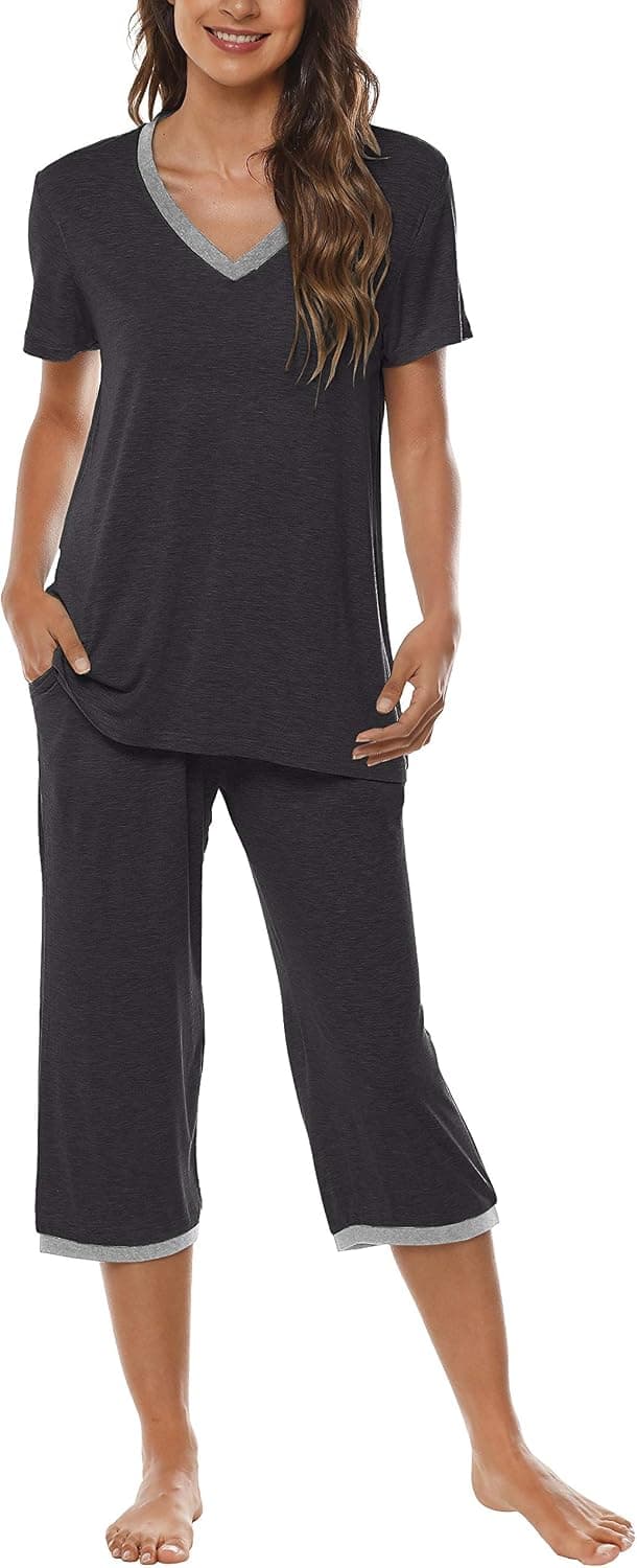 MoFiz Women's Pajama Set Cotton Lounge Set V Neck Sleepwear Capri Pajama Pants Pjs Nightwear Short Top