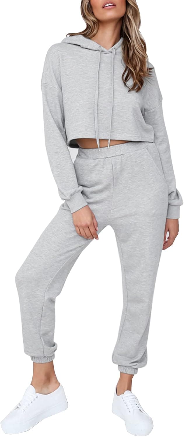 Quenteen Women's Long Sleeve Crop Top And Pants Jogger Set 2 Piece Causal Hoodie Sweatsuits Tracksuit Set