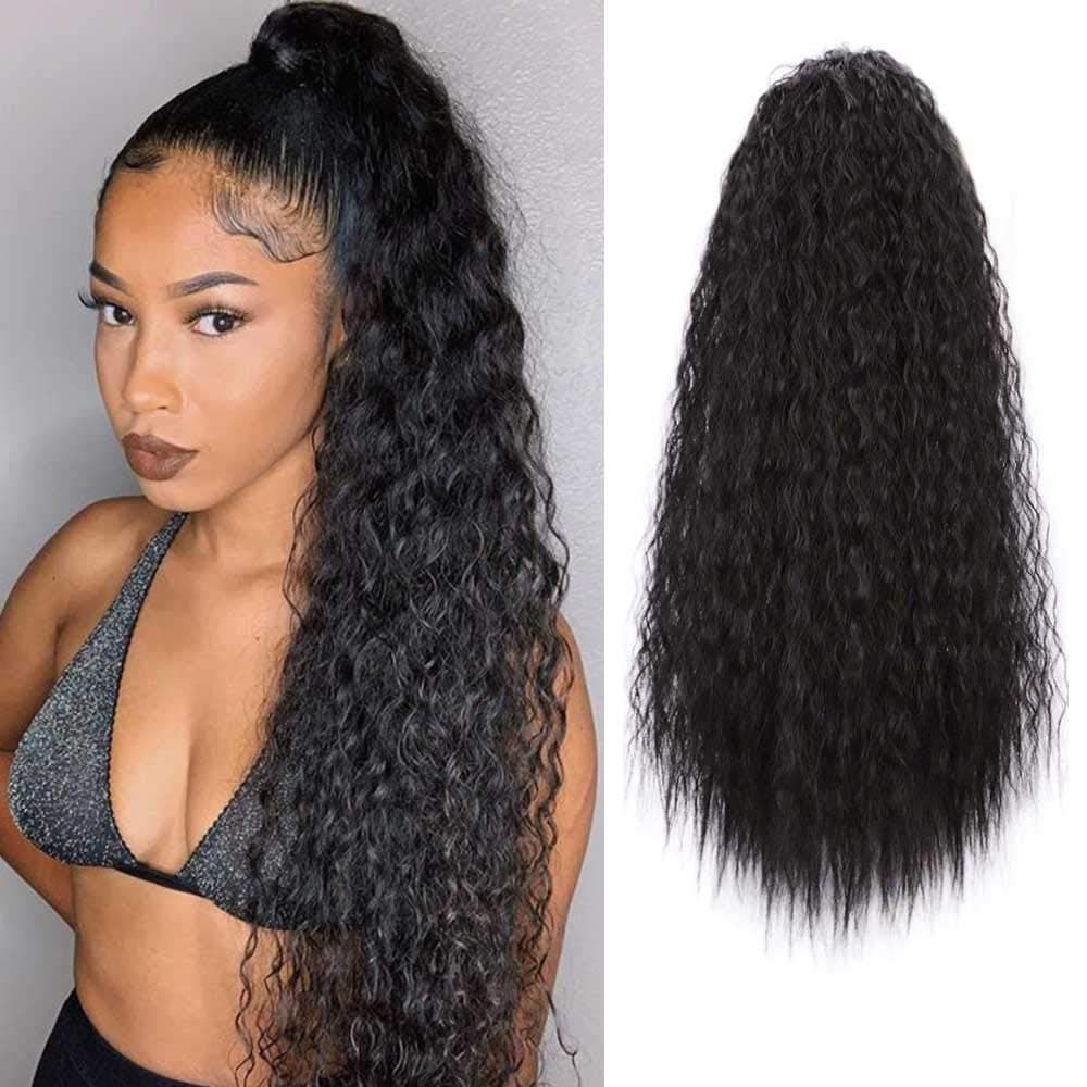 G&T Wig 22" Long Drawstring Ponytail for Women Curly Corn Wave Ponytail Extension Hairpiece(1B)