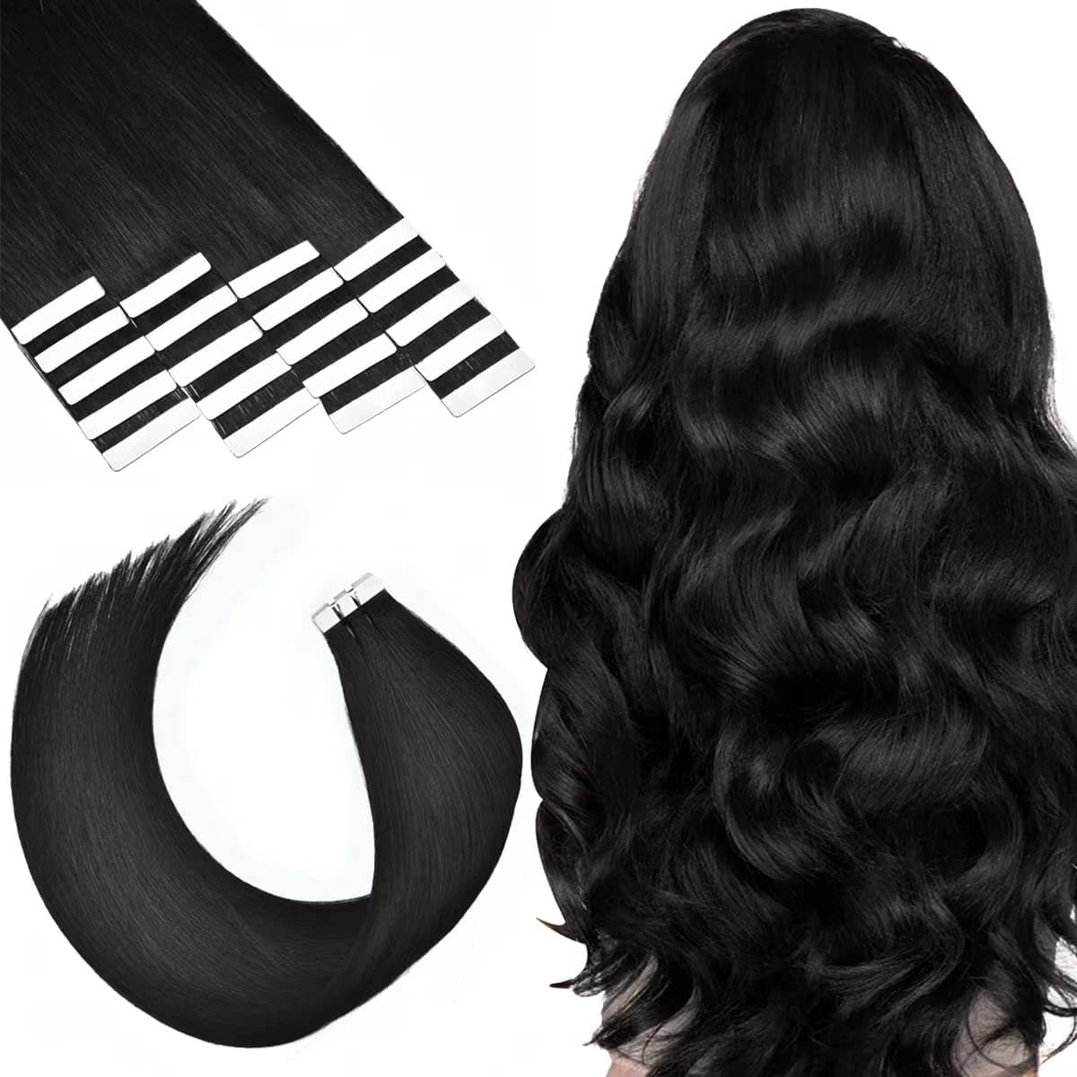 Senmy Tape in Hair Extensions Jet Black Tape in Human Hair 20pcs 50g/Pack Silky Straight Seamless Skin Weft Tape in Hair Extensions Human Hair (22 Inch, #1 Jet Black)
